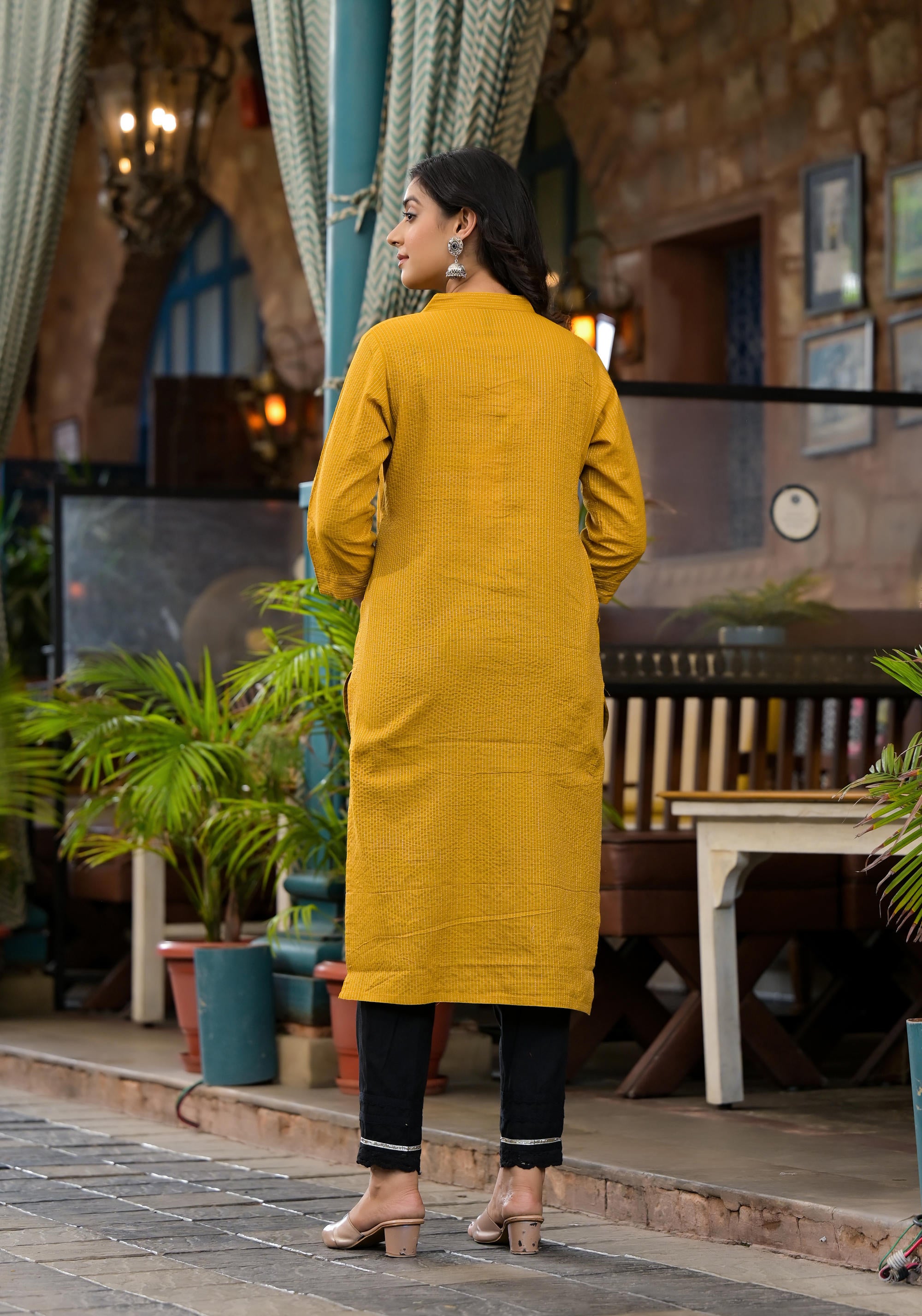 Mustard Striped Printed Cotton Kurta With Button Detail