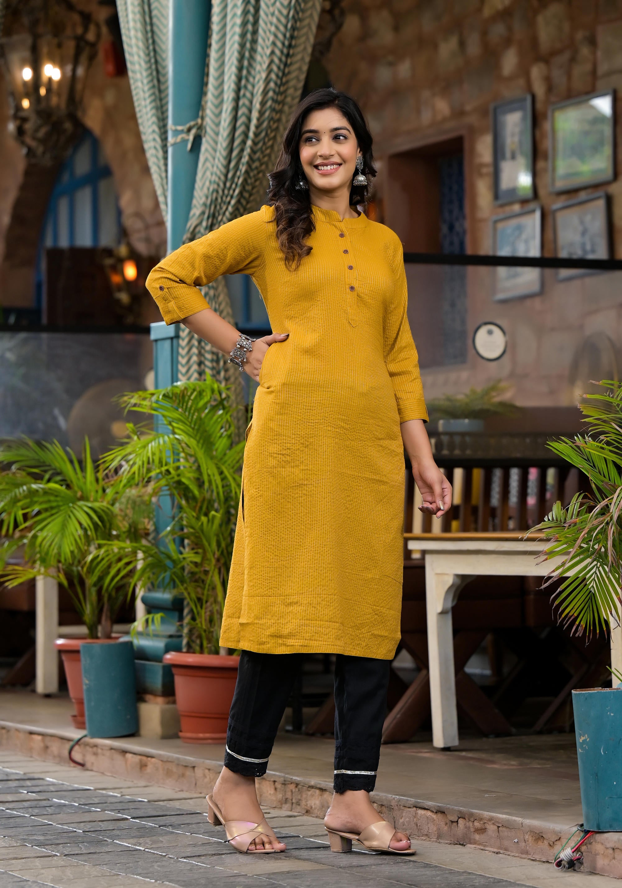 Mustard Striped Printed Cotton Kurta With Button Detail