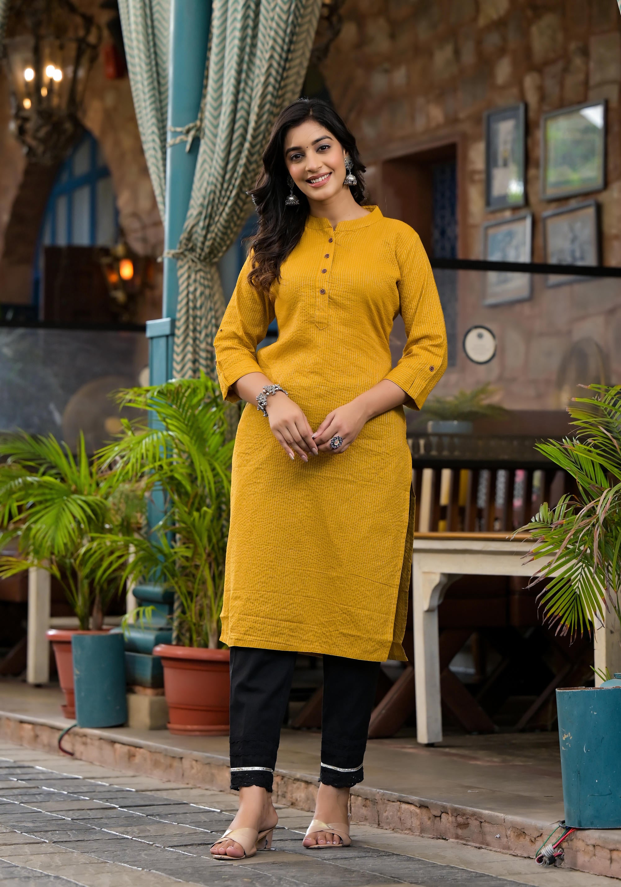 Mustard Striped Printed Cotton Kurta With Button Detail