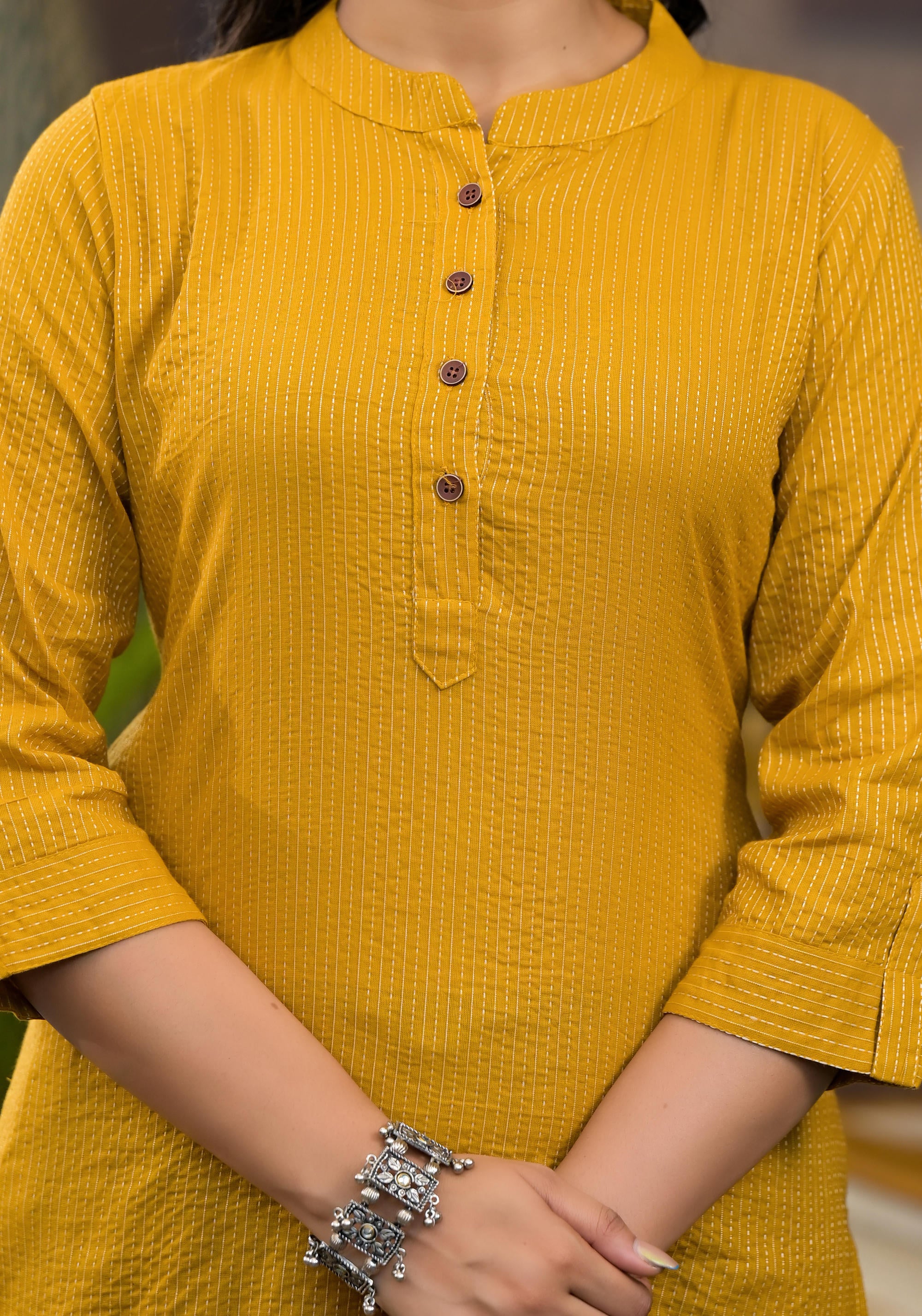 Mustard Striped Printed Cotton Kurta With Button Detail