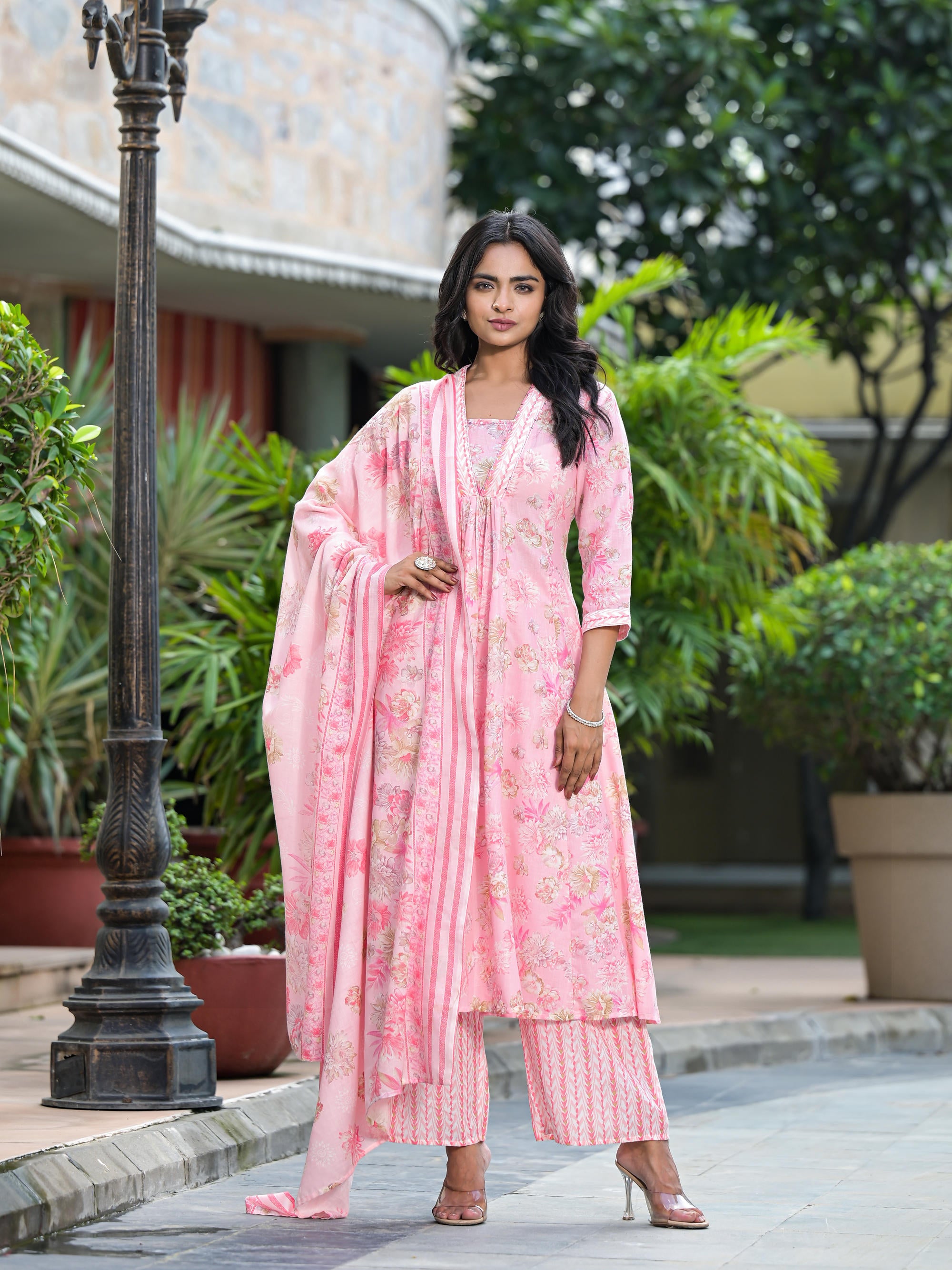 Pink Floral Printed Cotton Kurta Palazzo With Dupatta Set With Sequins