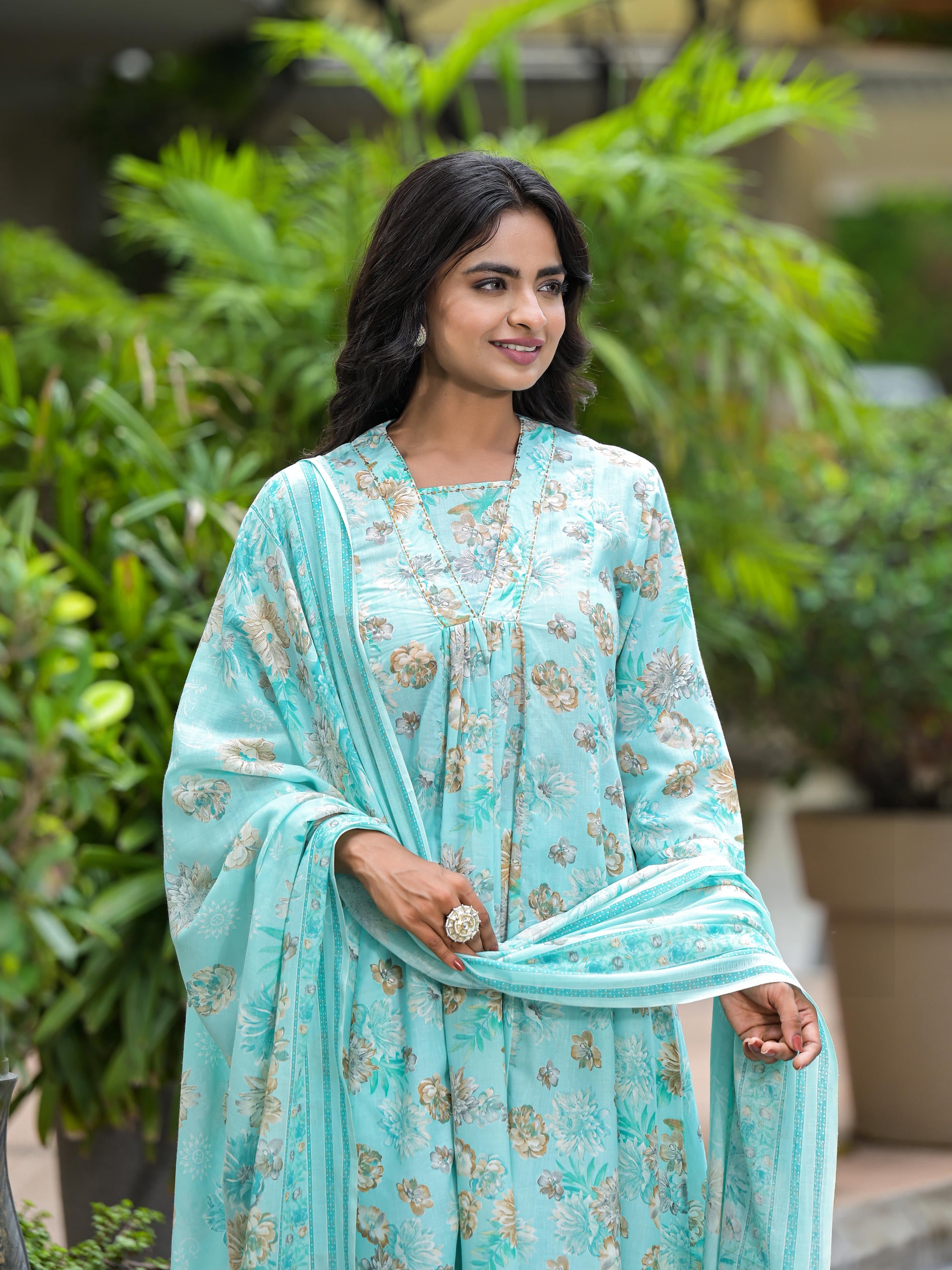 Sea Green Floral Printed Cotton Kurta Palazzo With Dupatta Set With Sequins