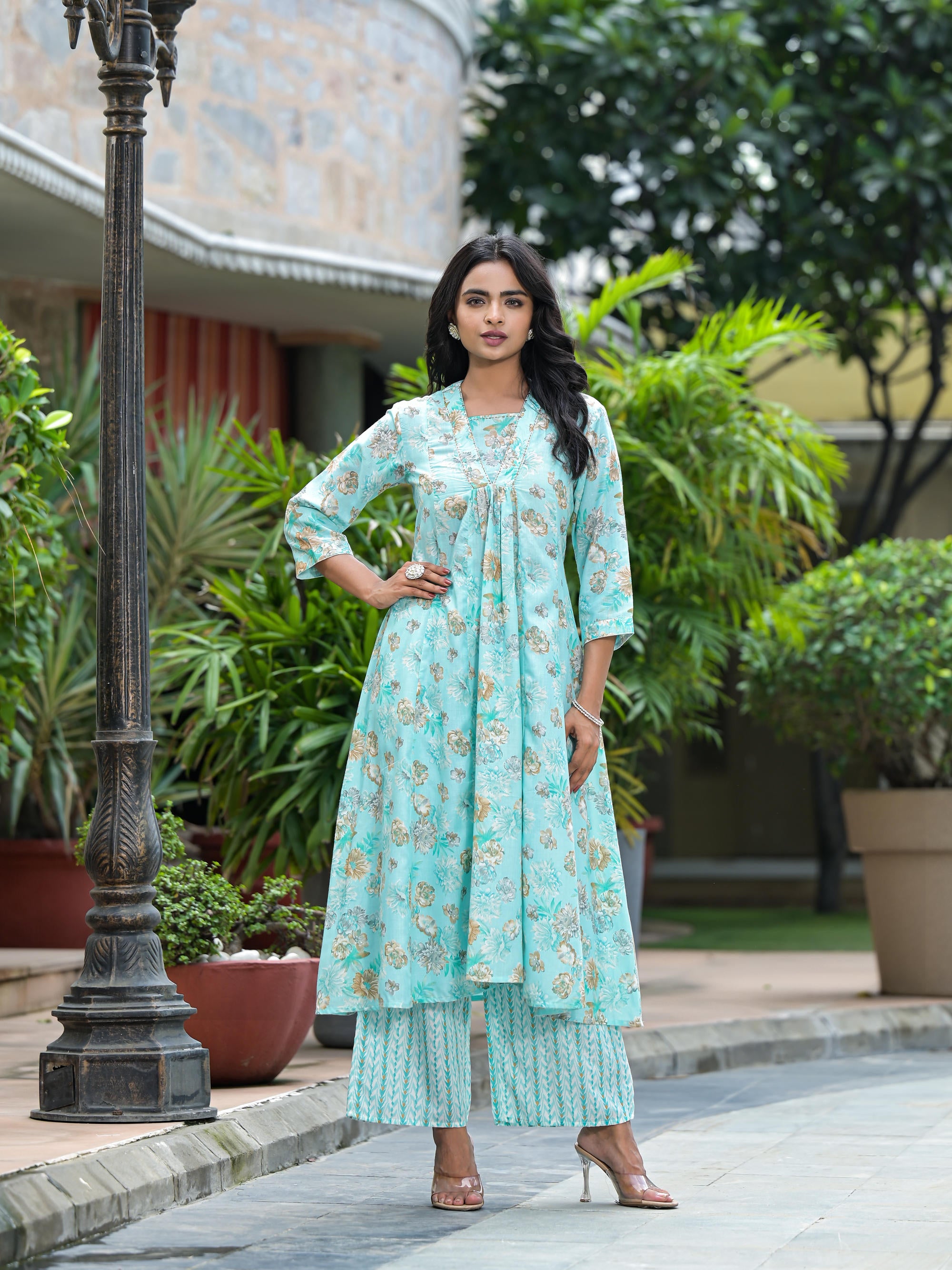 Sea Green Floral Printed Cotton Kurta Palazzo With Dupatta Set With Sequins