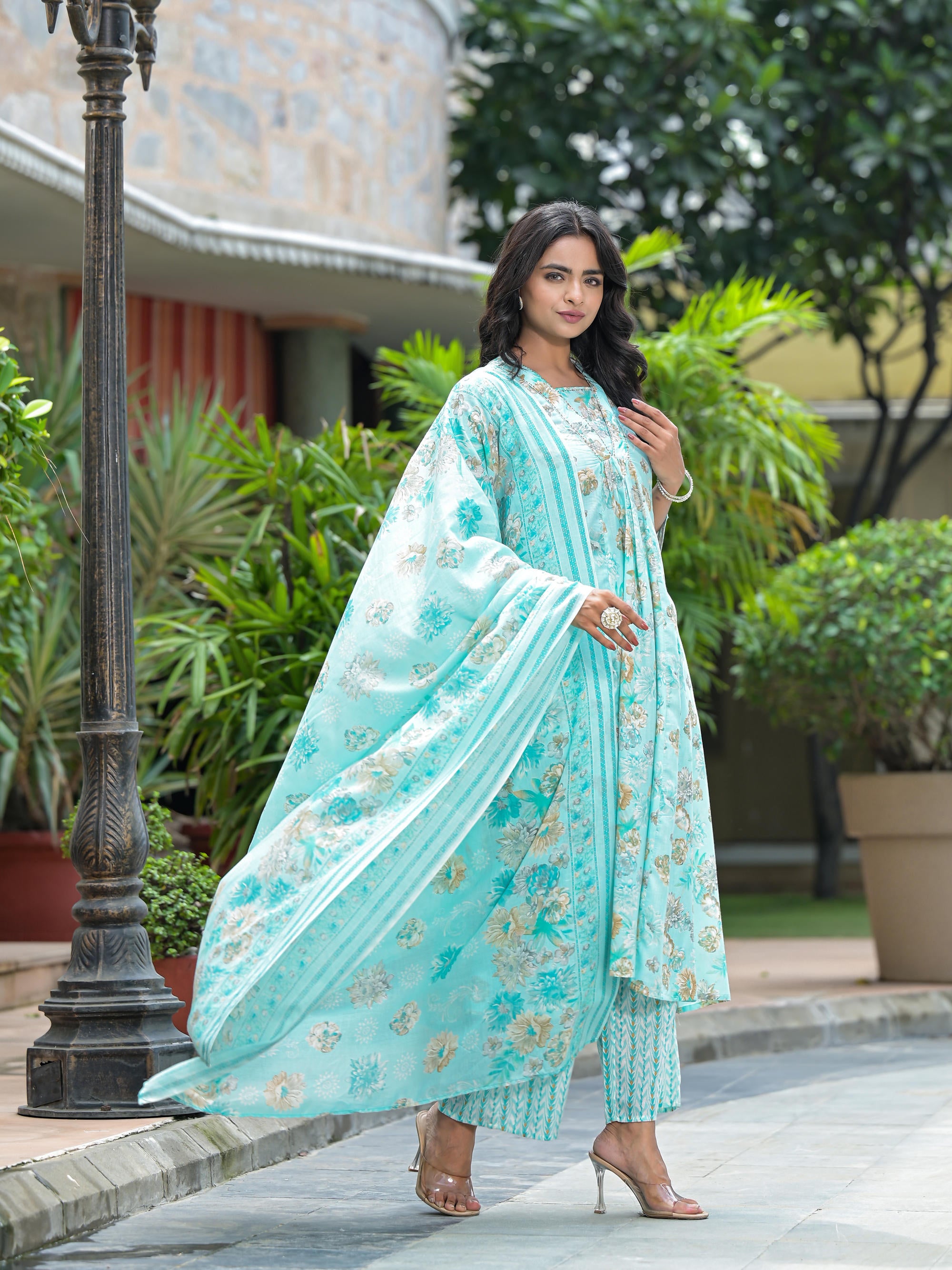 Sea Green Floral Printed Cotton Kurta Palazzo With Dupatta Set With Sequins