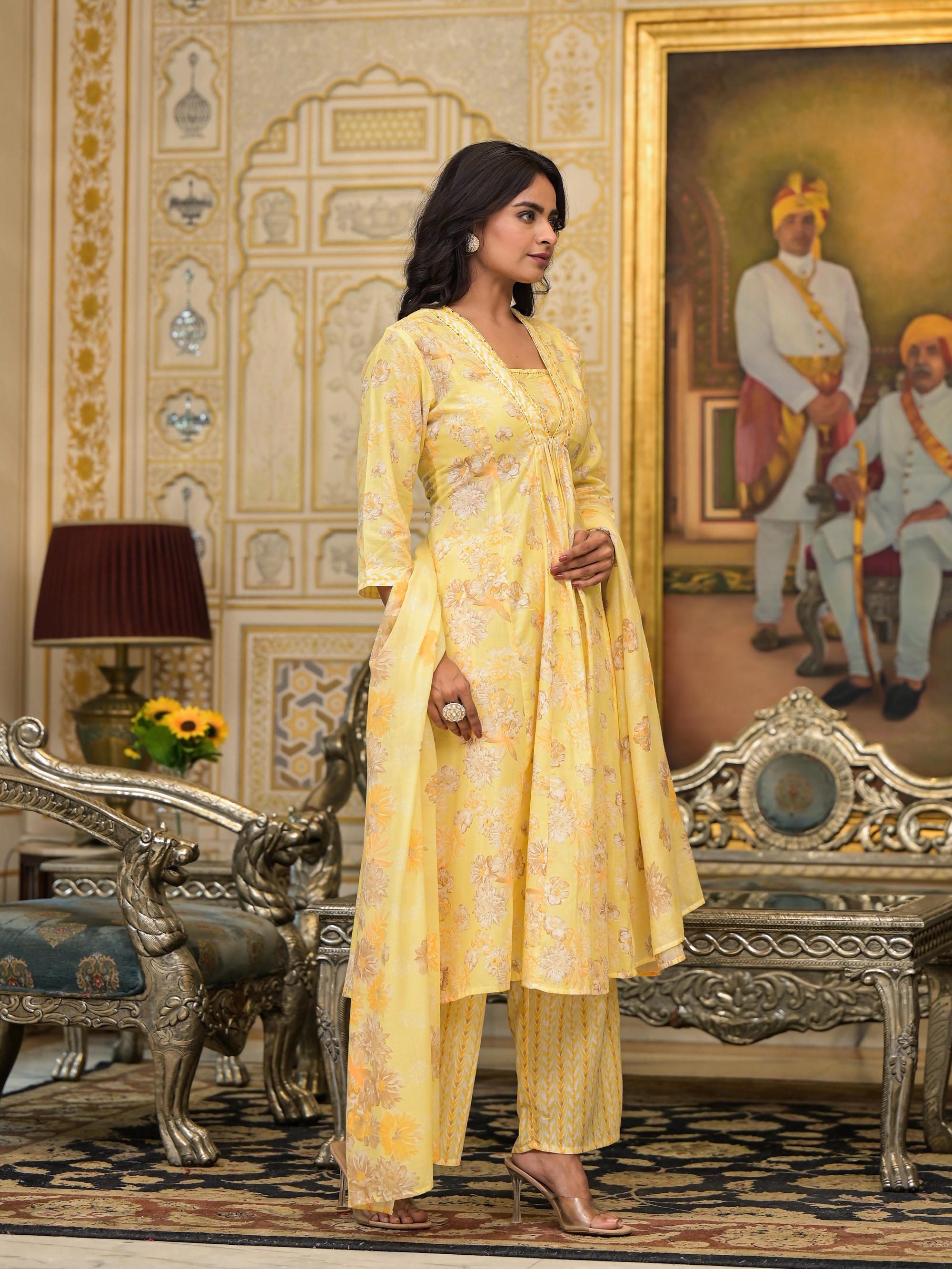 Yellow Floral Printed Cotton Kurta Palazzo With Dupatta Set With Sequins