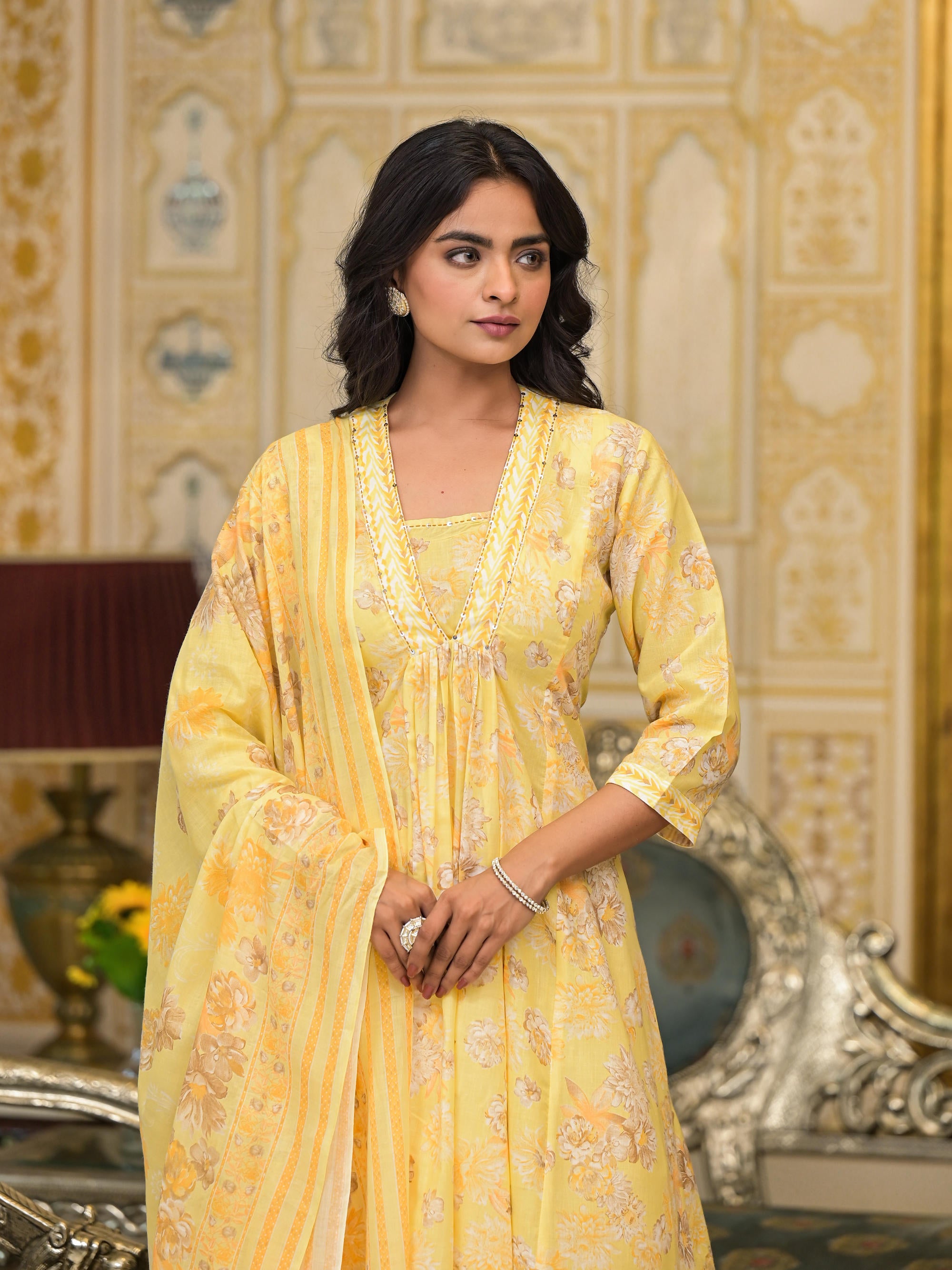 Yellow Floral Printed Cotton Kurta Palazzo With Dupatta Set With Sequins