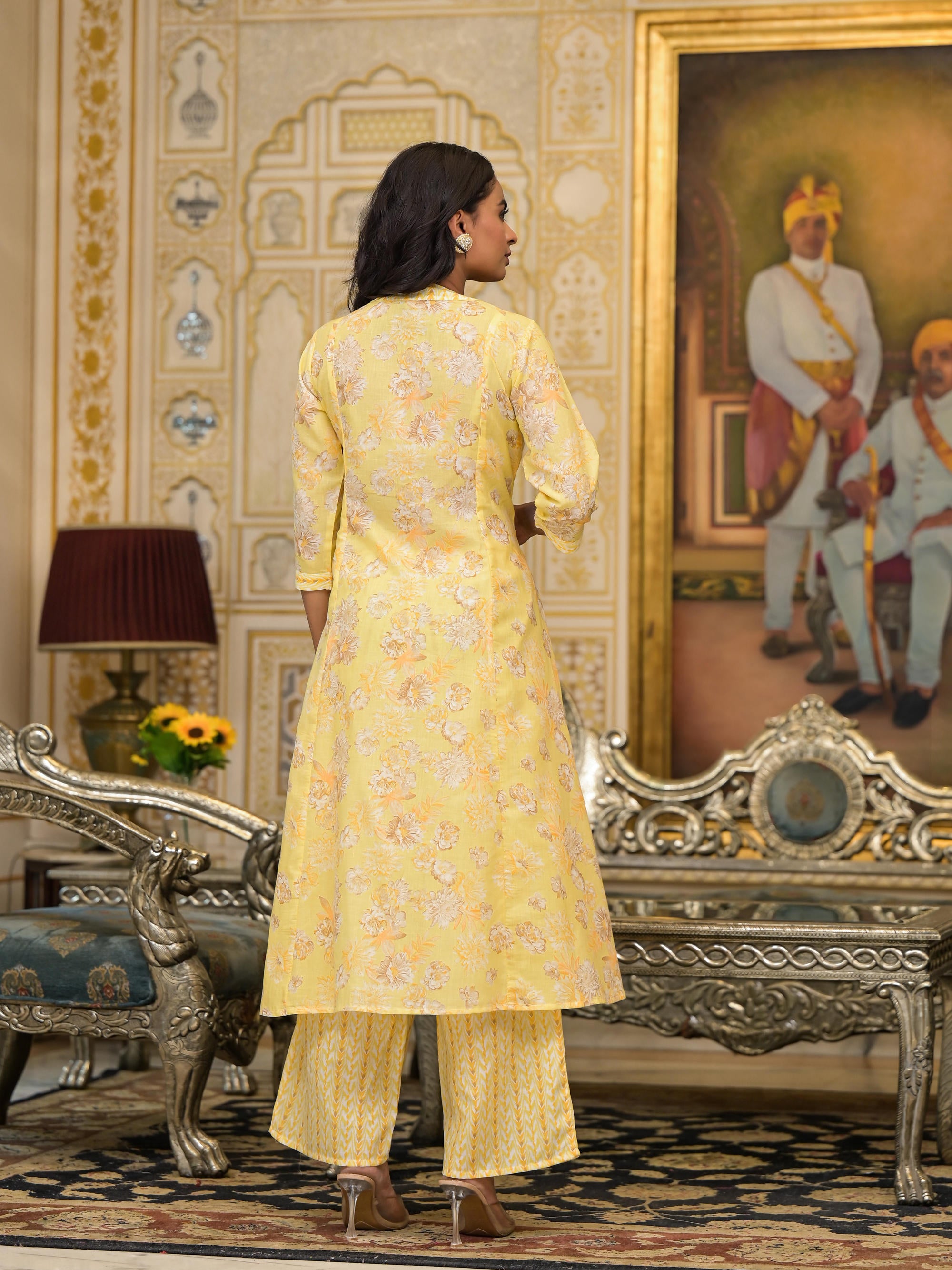 Yellow Floral Printed Cotton Kurta Palazzo With Dupatta Set With Sequins