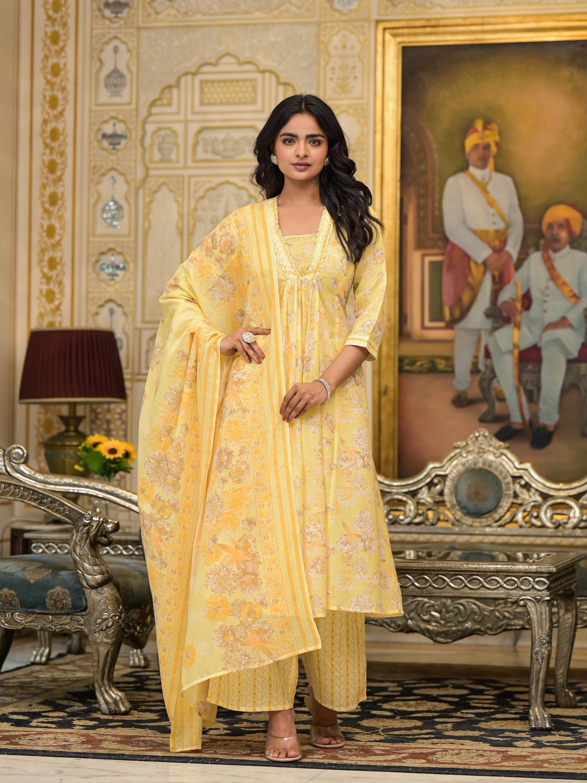 Yellow Floral Printed Cotton Kurta Palazzo With Dupatta Set With Sequins