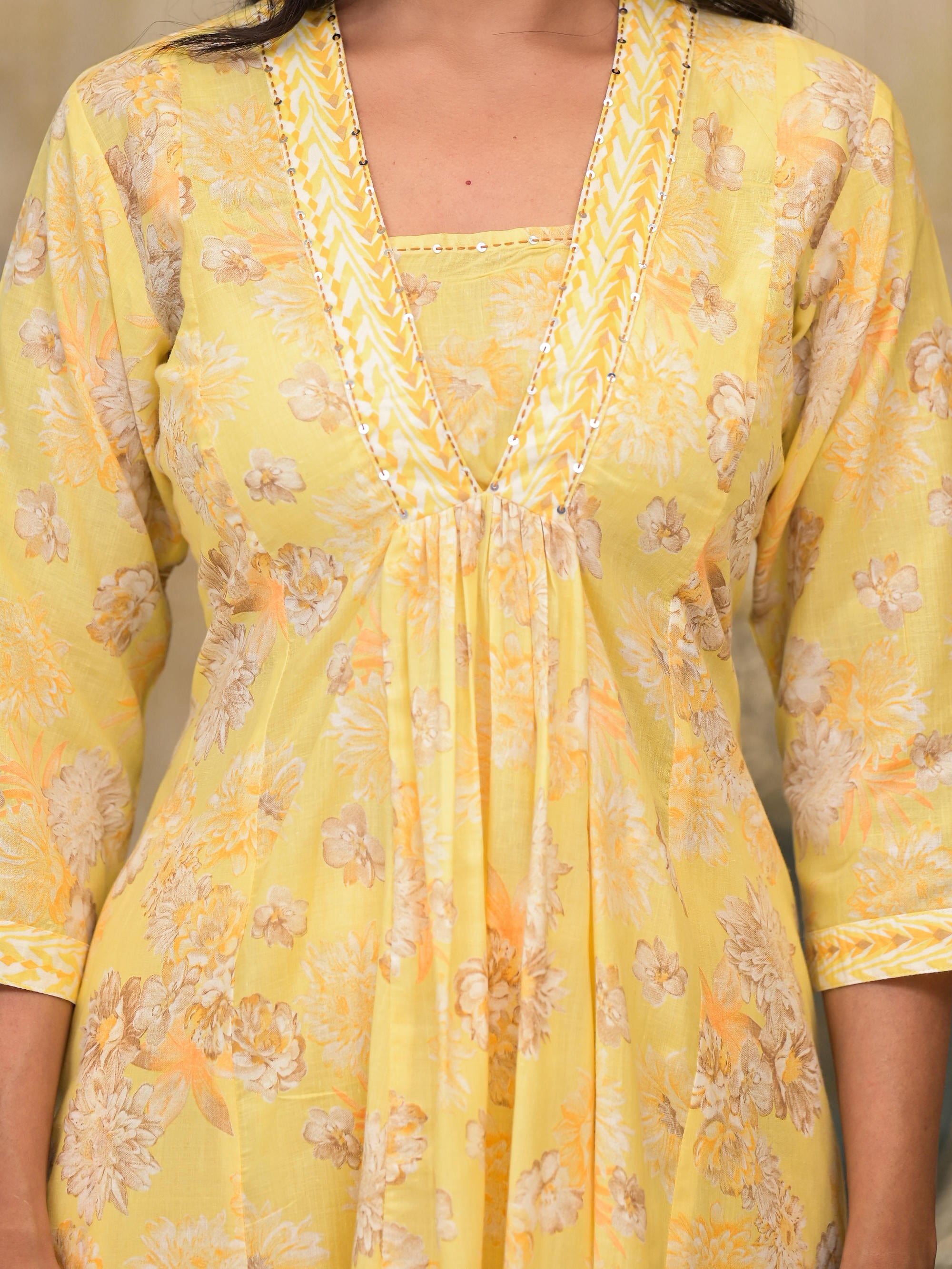 Yellow Floral Printed Cotton Kurta Palazzo With Dupatta Set With Sequins