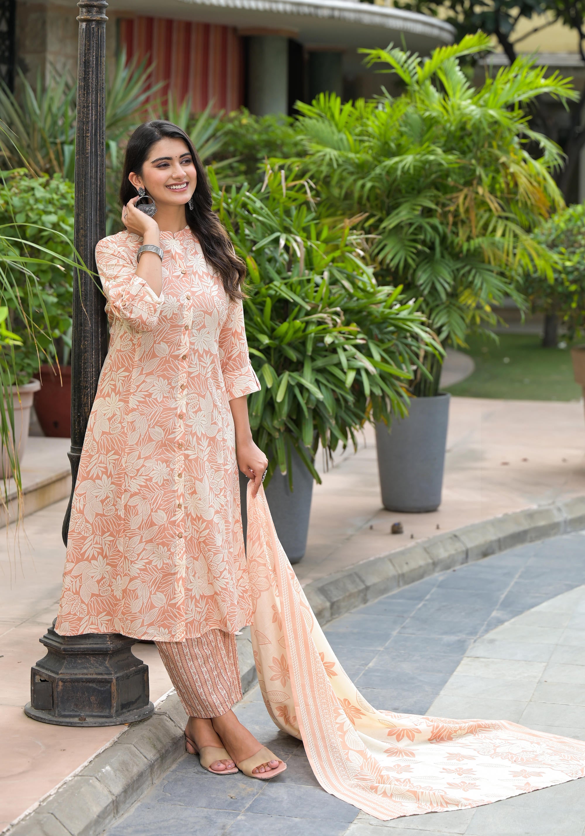 Brown Floral Printed Cotton Kurta Set With Buttons