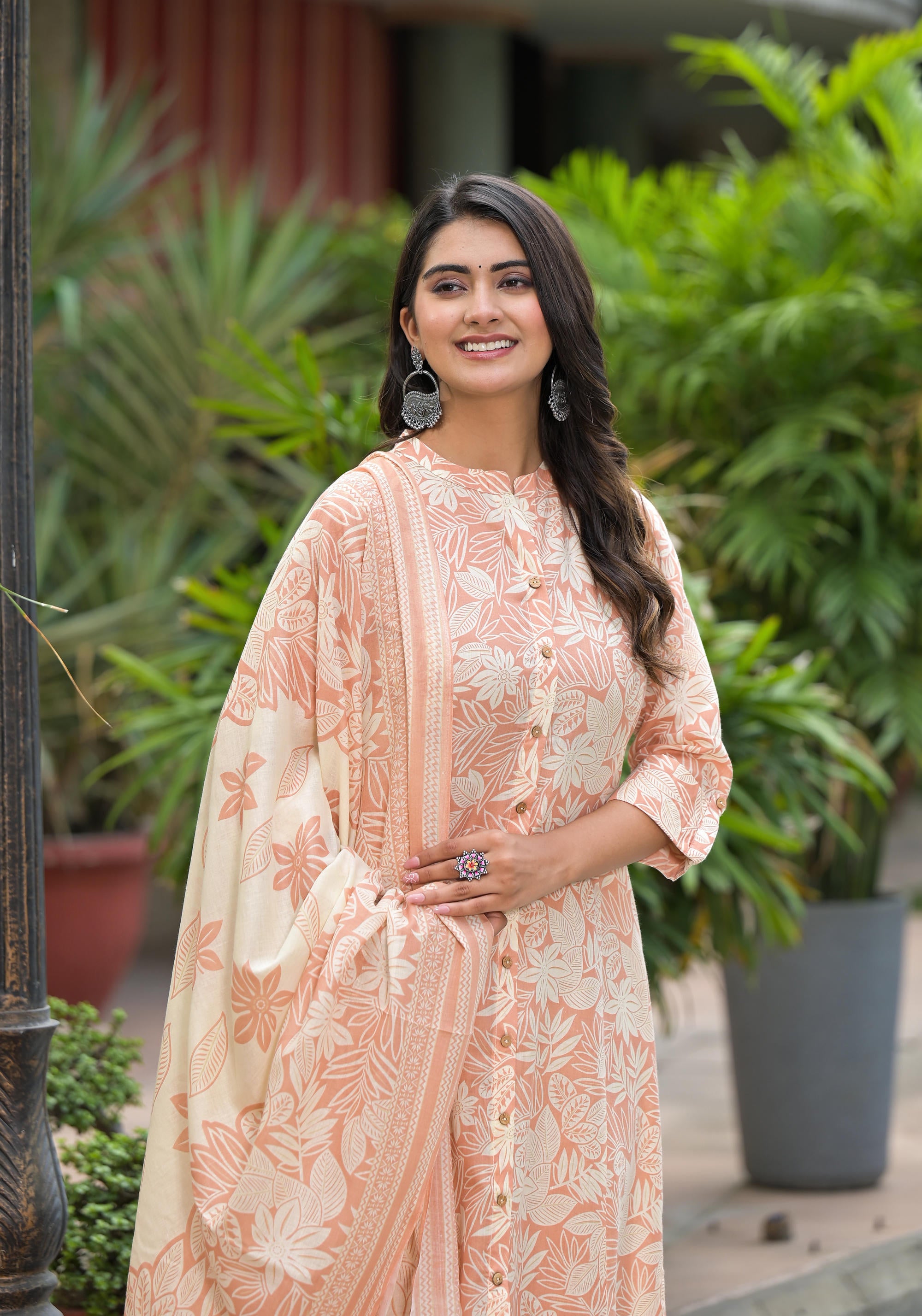 Brown Floral Printed Cotton Kurta Set With Buttons