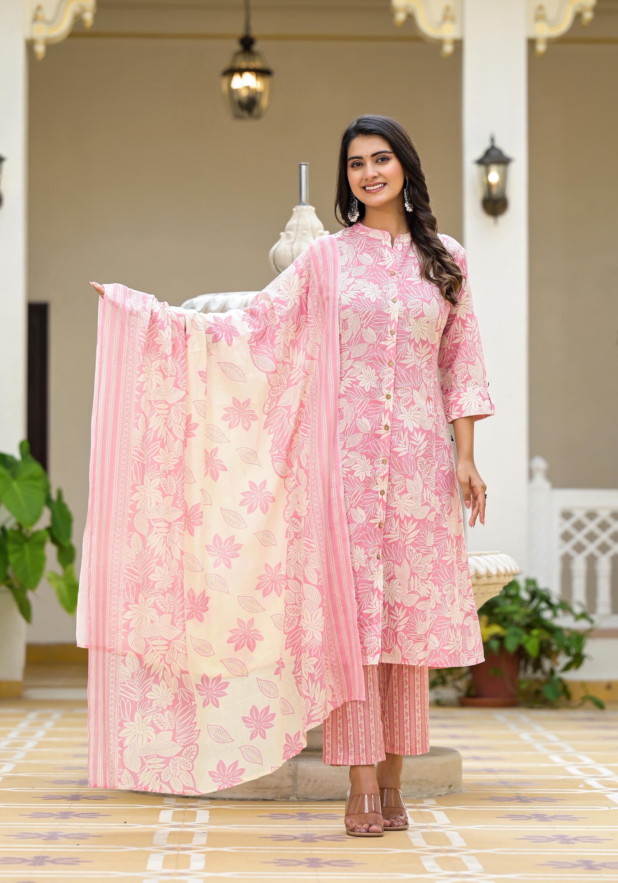 Pink Floral Printed Cotton Kurta Set With Buttons