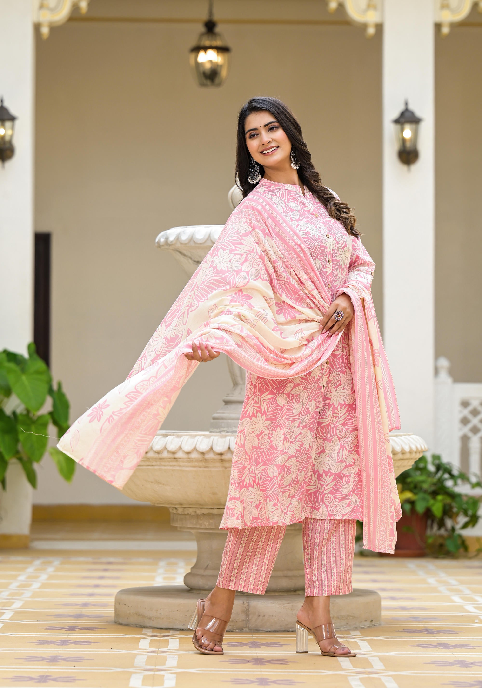 Pink Floral Printed Cotton Kurta Set With Buttons