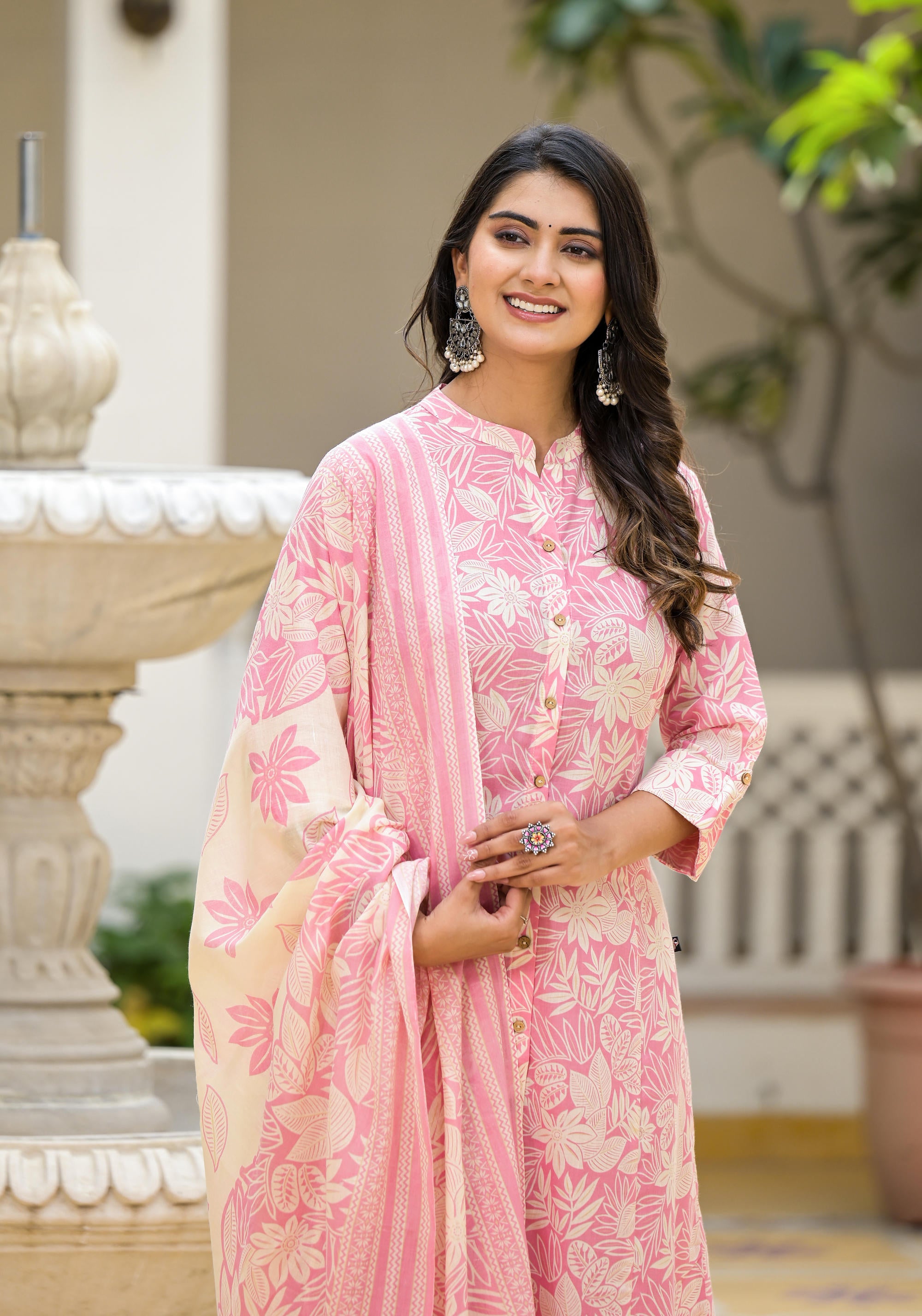 Pink Floral Printed Cotton Kurta Set With Buttons