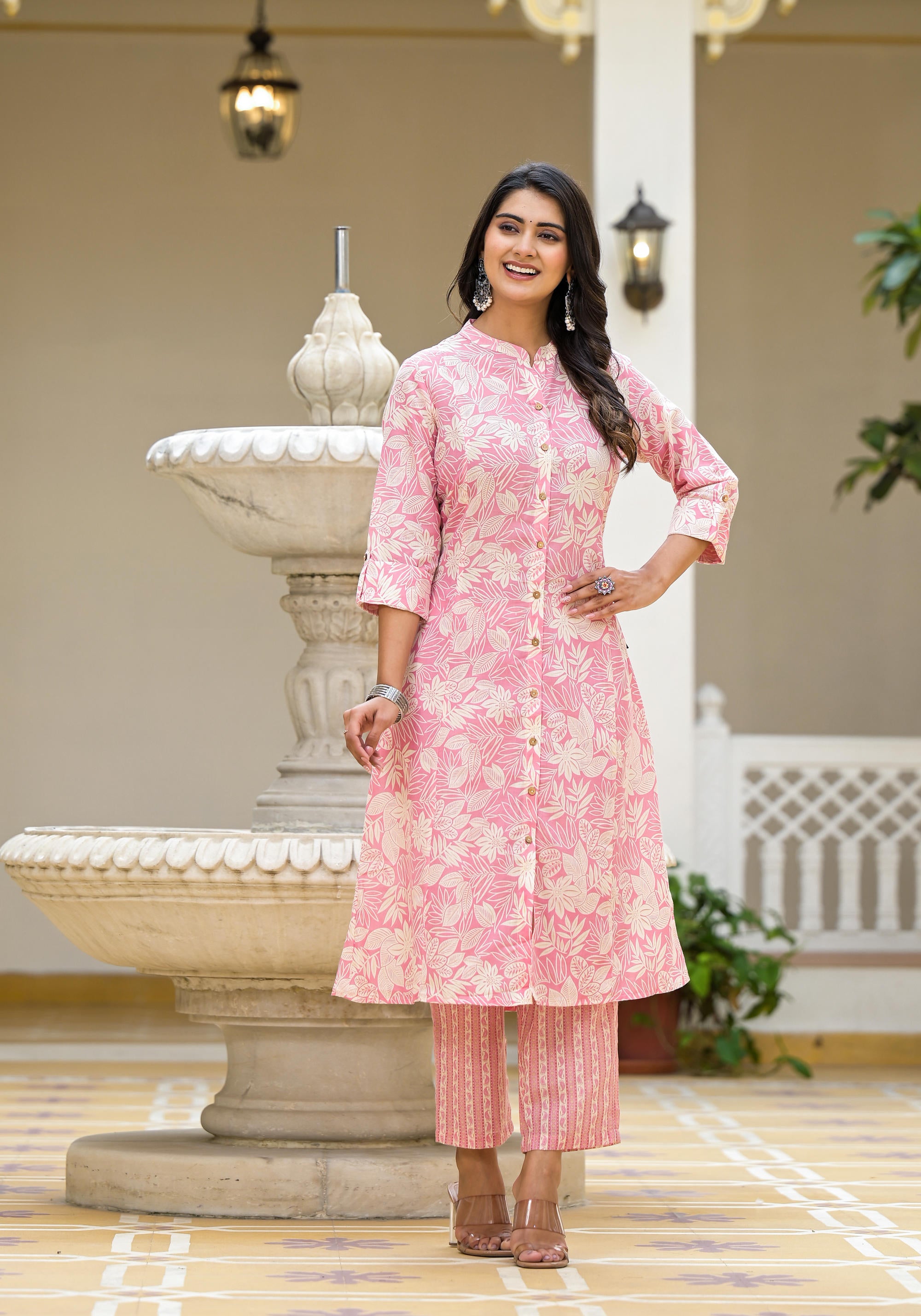 Pink Floral Printed Cotton Kurta Set With Buttons