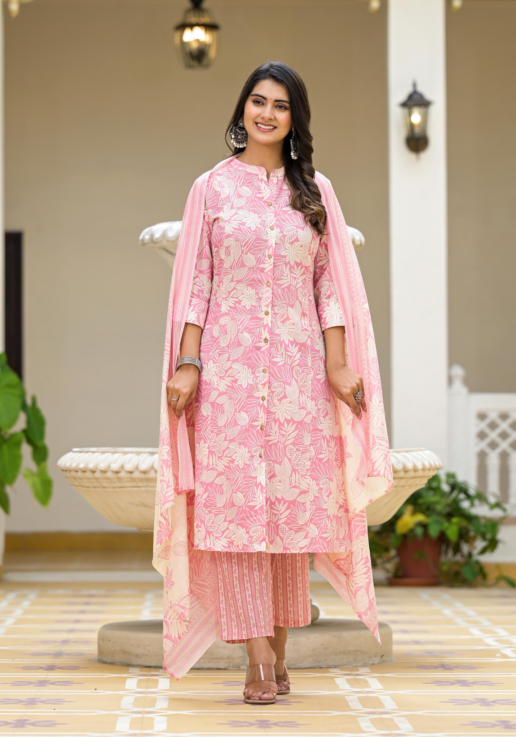 Pink Floral Printed Cotton Kurta Set With Buttons