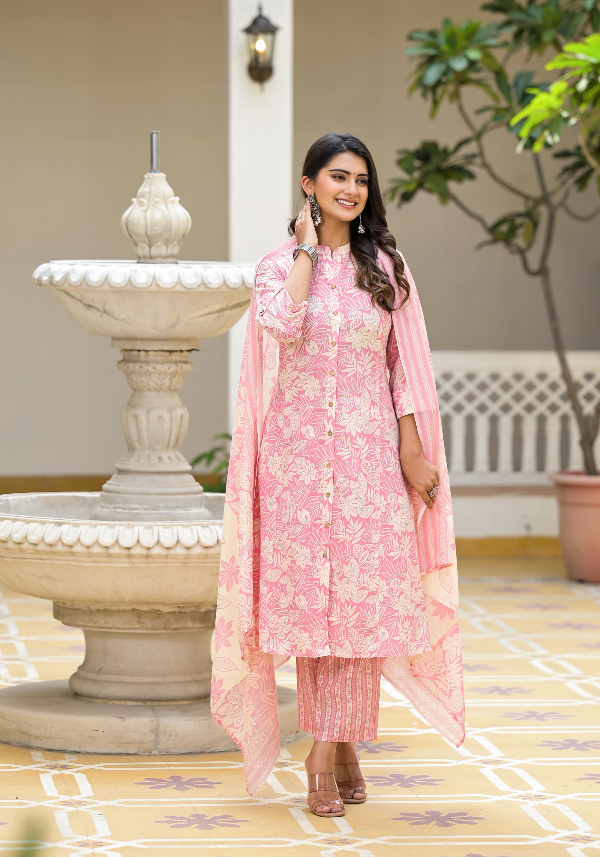 Pink Floral Printed Cotton Kurta Set With Buttons