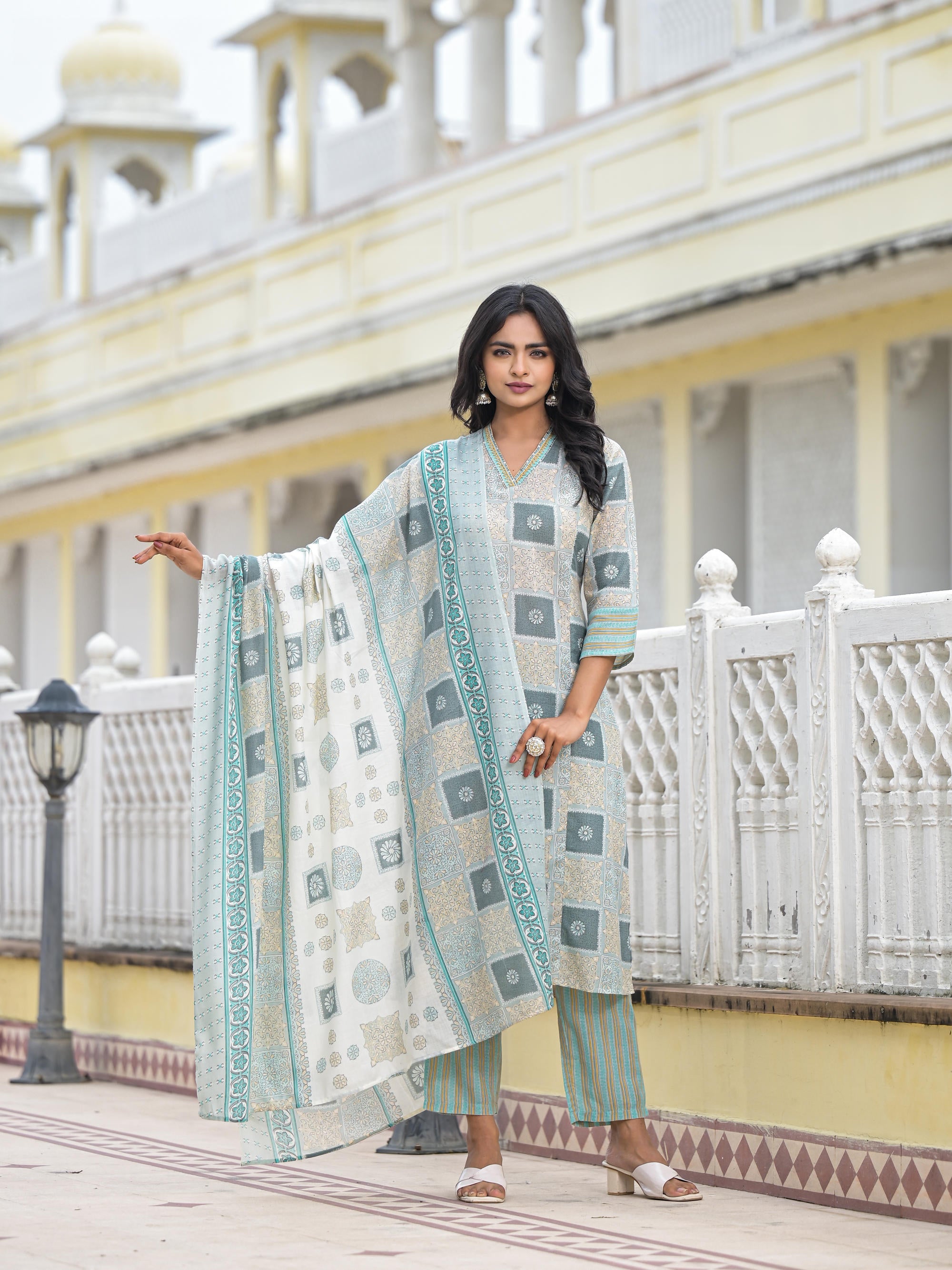 Blue Floral Printed Cotton Kurta Pant With Dupatta Set With Thread Work & Sequins