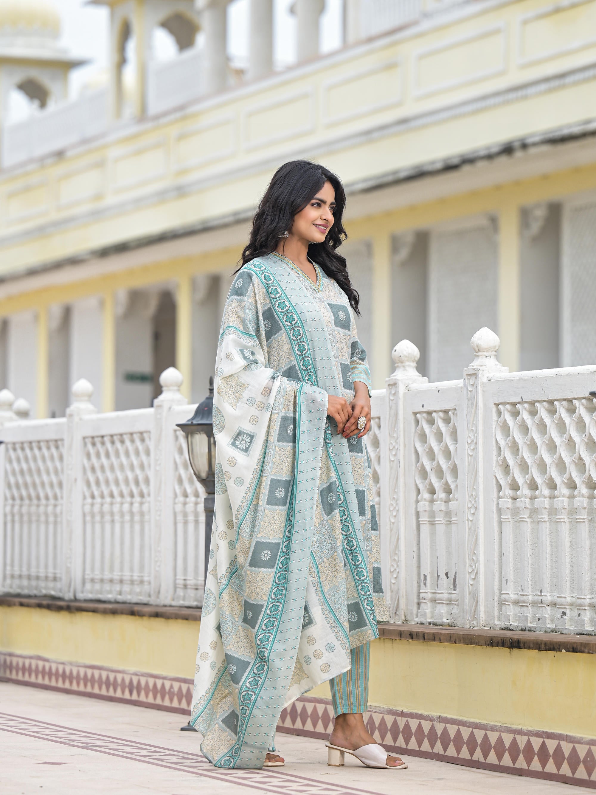 Blue Floral Printed Cotton Kurta Pant With Dupatta Set With Thread Work & Sequins