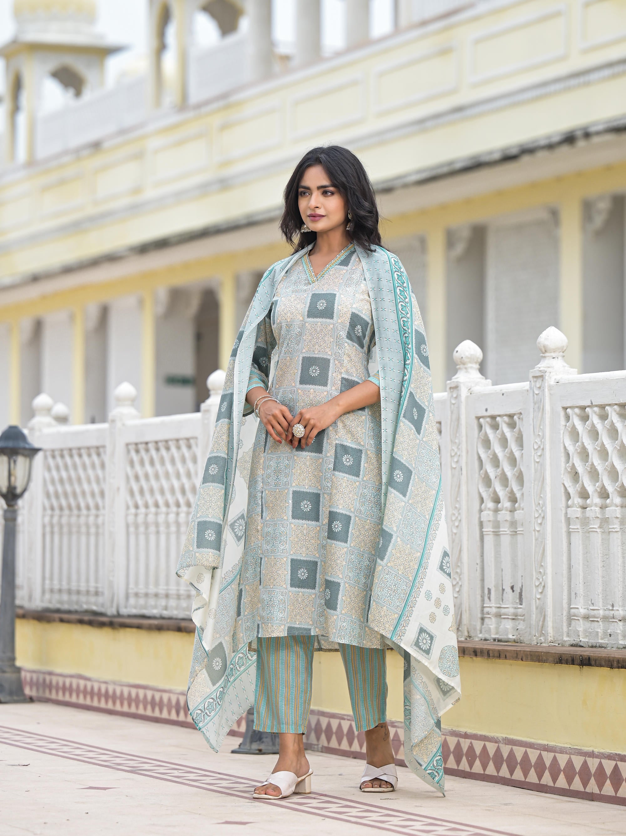 Blue Floral Printed Cotton Kurta Pant With Dupatta Set With Thread Work & Sequins