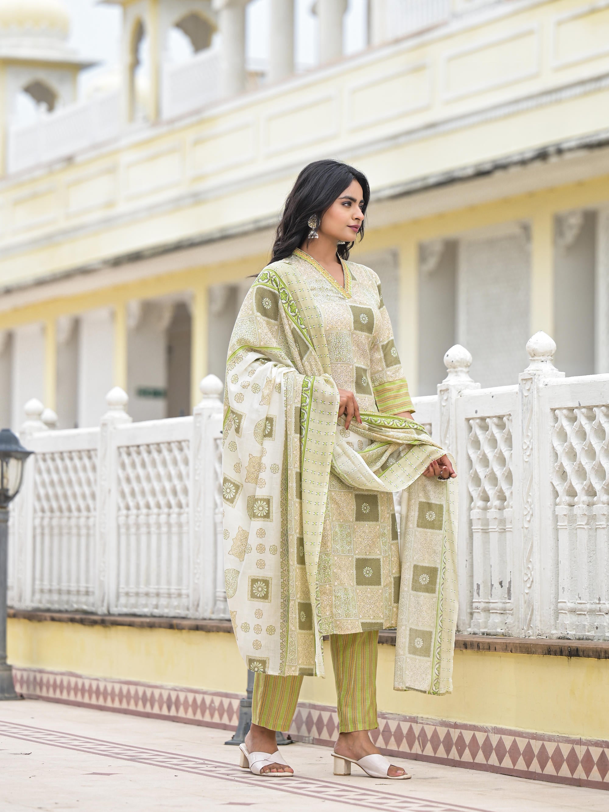 Green Floral Printed Cotton Kurta Pant With Dupatta Set With Thread Work & Sequins