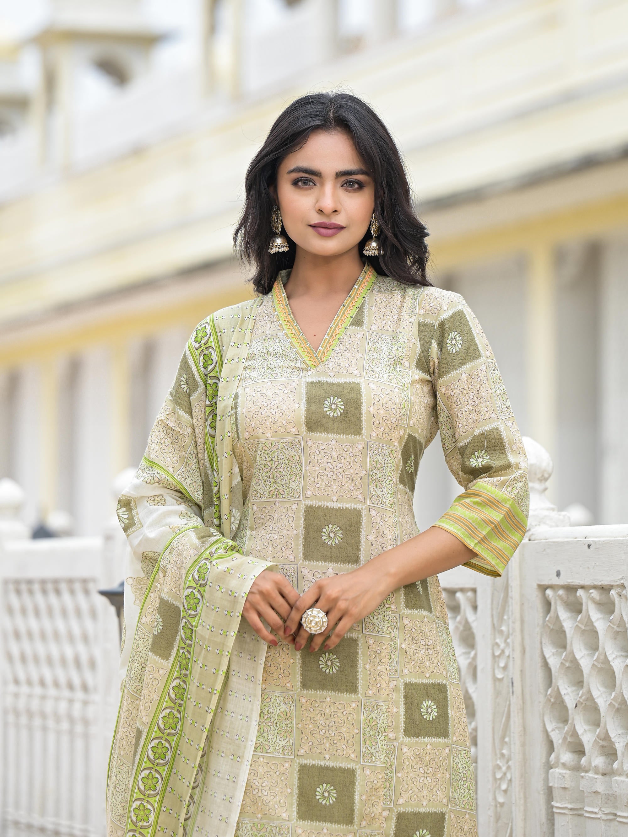 Green Floral Printed Cotton Kurta Pant With Dupatta Set With Thread Work & Sequins