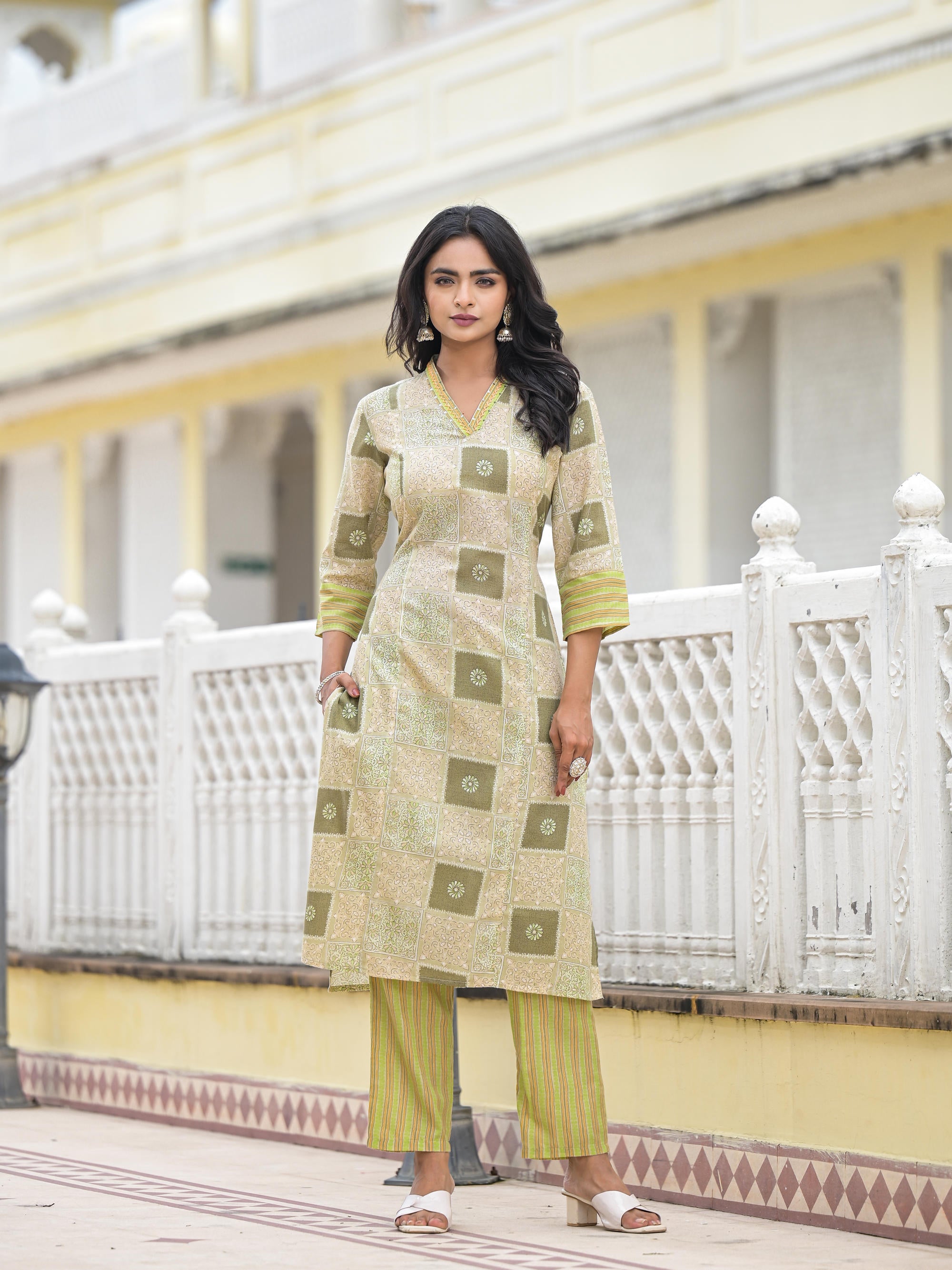 Green Floral Printed Cotton Kurta Pant With Dupatta Set With Thread Work & Sequins