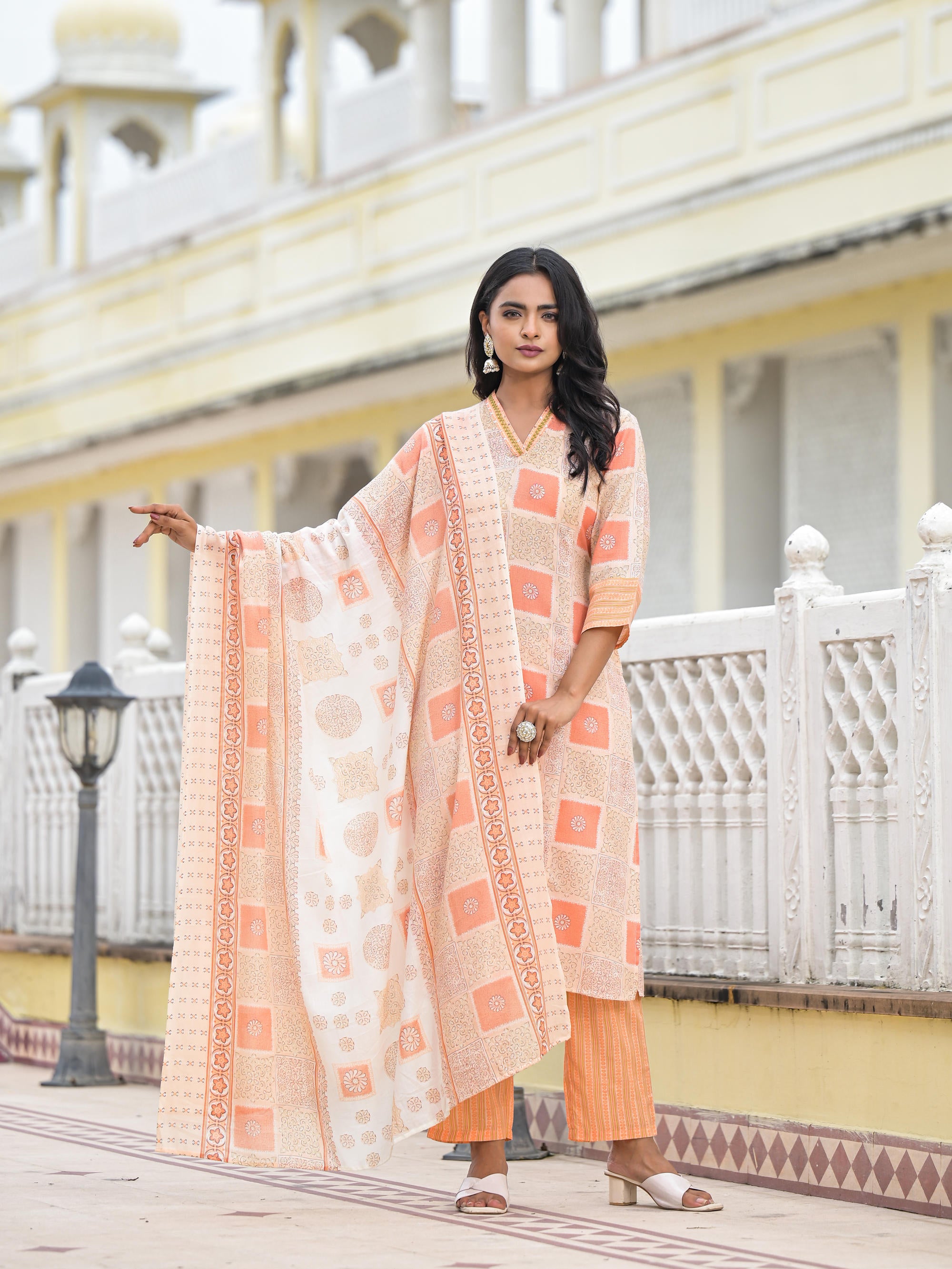 Peach Floral Printed Cotton Kurta Pant With Dupatta Set With Thread Work & Sequins