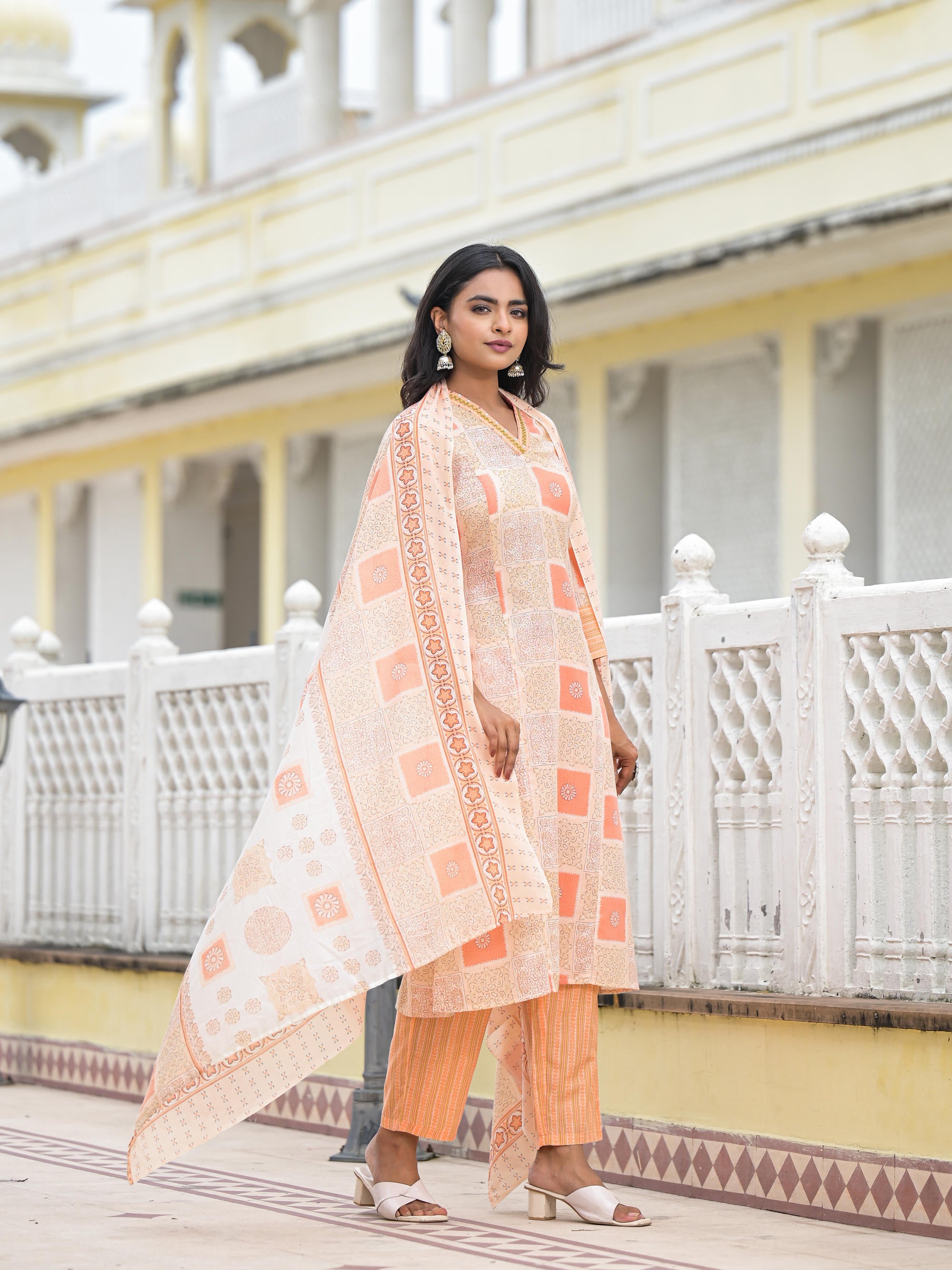 Peach Floral Printed Cotton Kurta Pant With Dupatta Set With Thread Work & Sequins