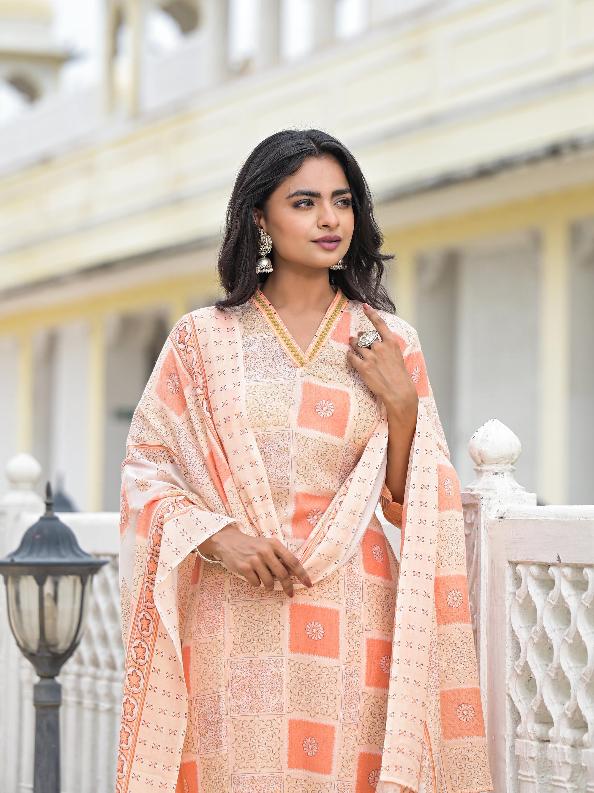 Peach Floral Printed Cotton Kurta Pant With Dupatta Set With Thread Work & Sequins