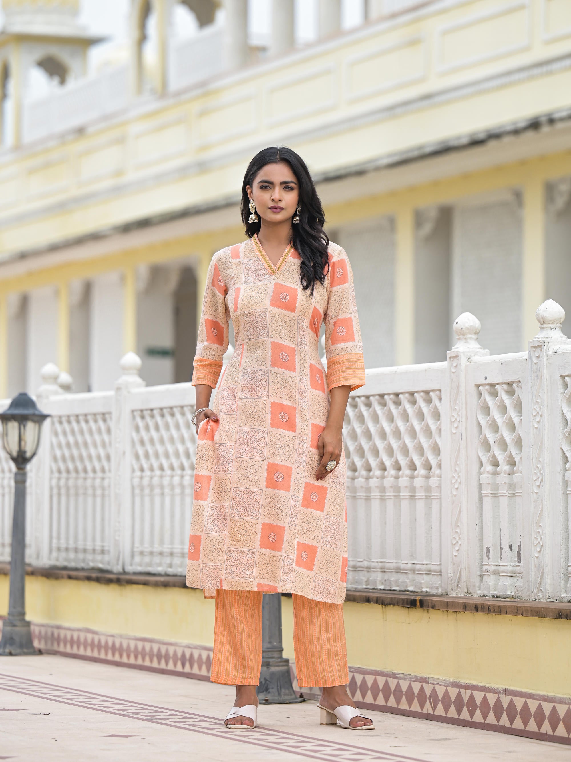 Peach Floral Printed Cotton Kurta Pant With Dupatta Set With Thread Work & Sequins