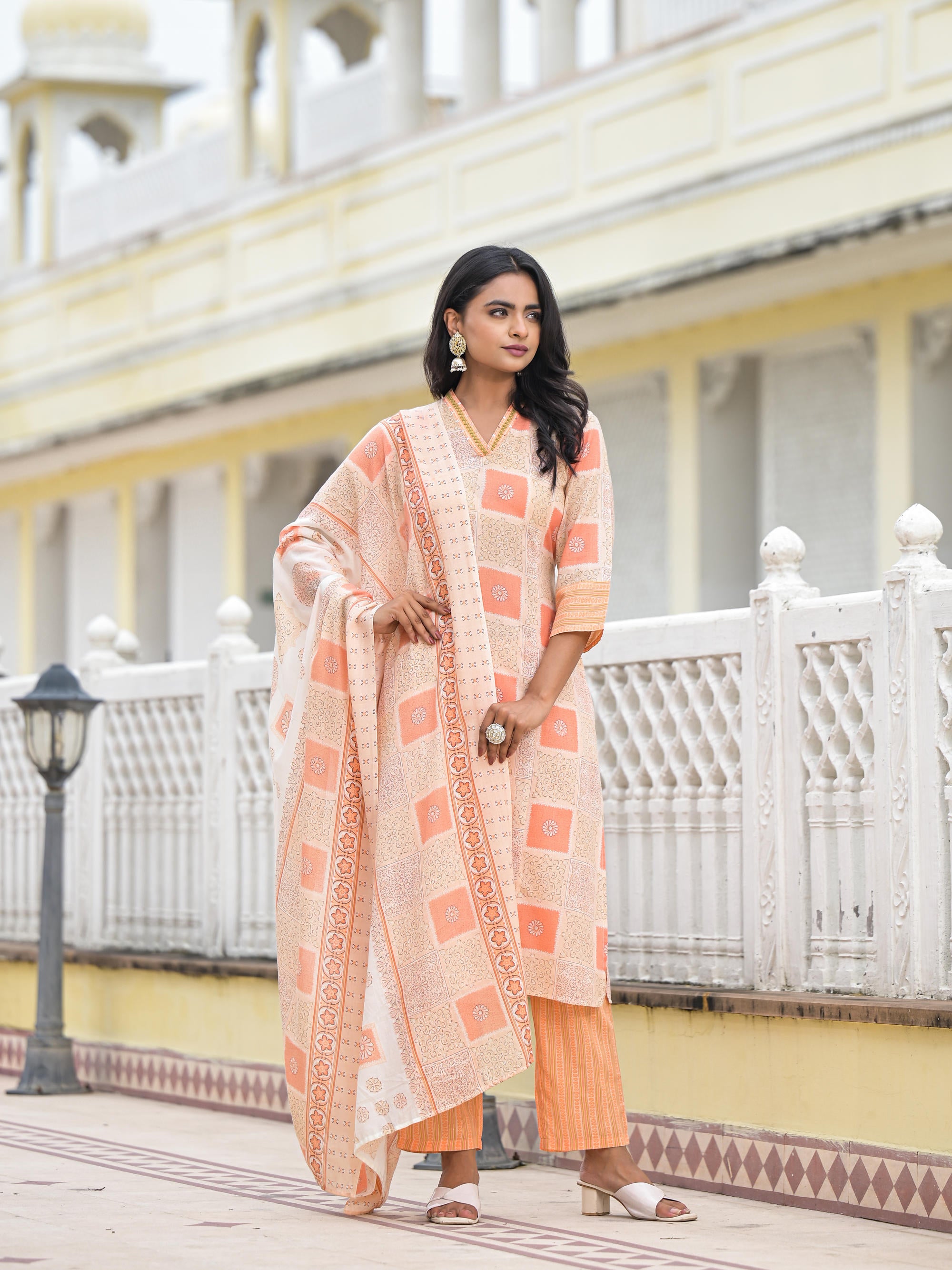 Peach Floral Printed Cotton Kurta Pant With Dupatta Set With Thread Work & Sequins