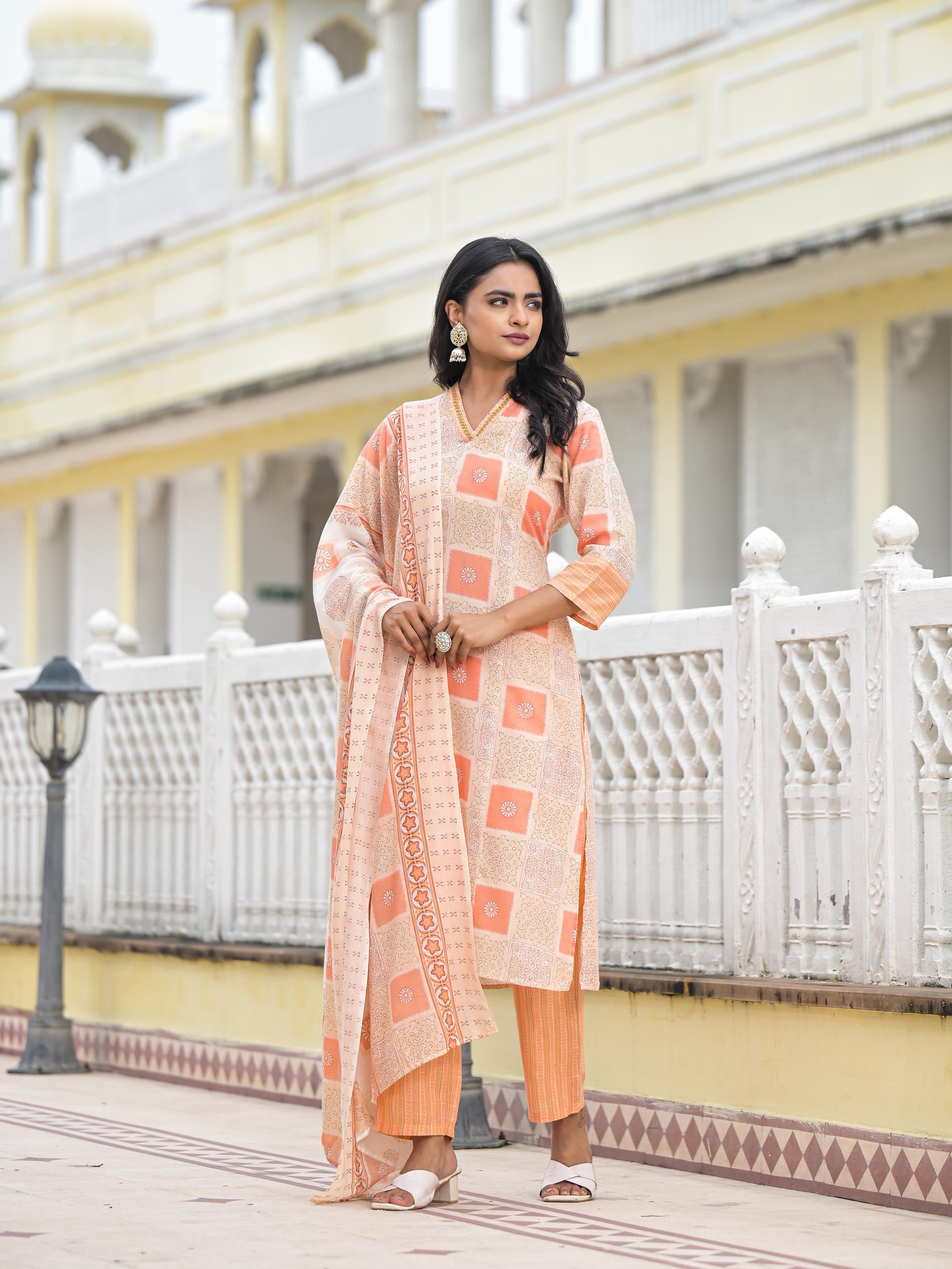 Peach Floral Printed Cotton Kurta Pant With Dupatta Set With Thread Work & Sequins