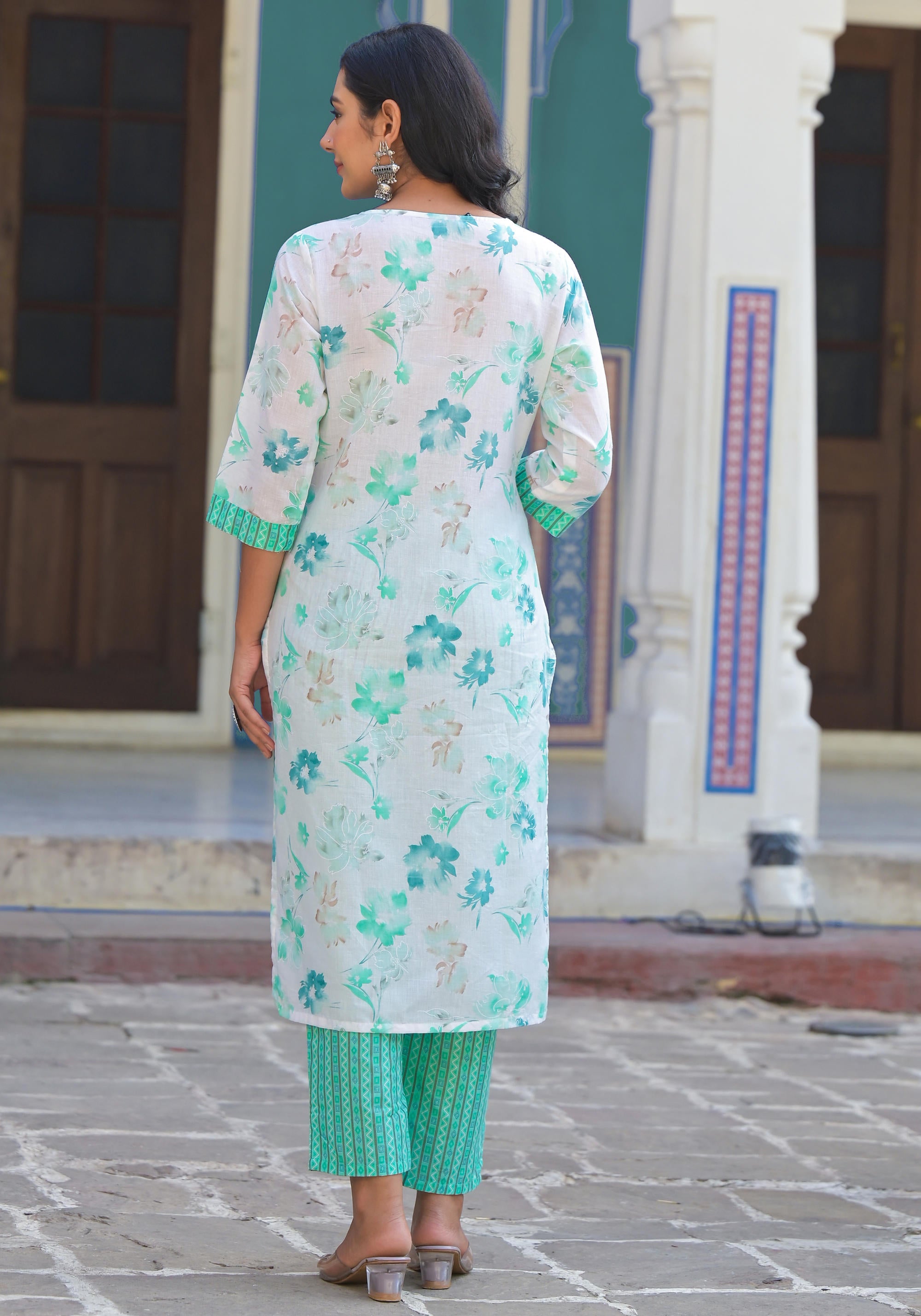 Green Floral Printed Cotton Kurta Pant With Dupatta Set With Sequins & Mirror Work