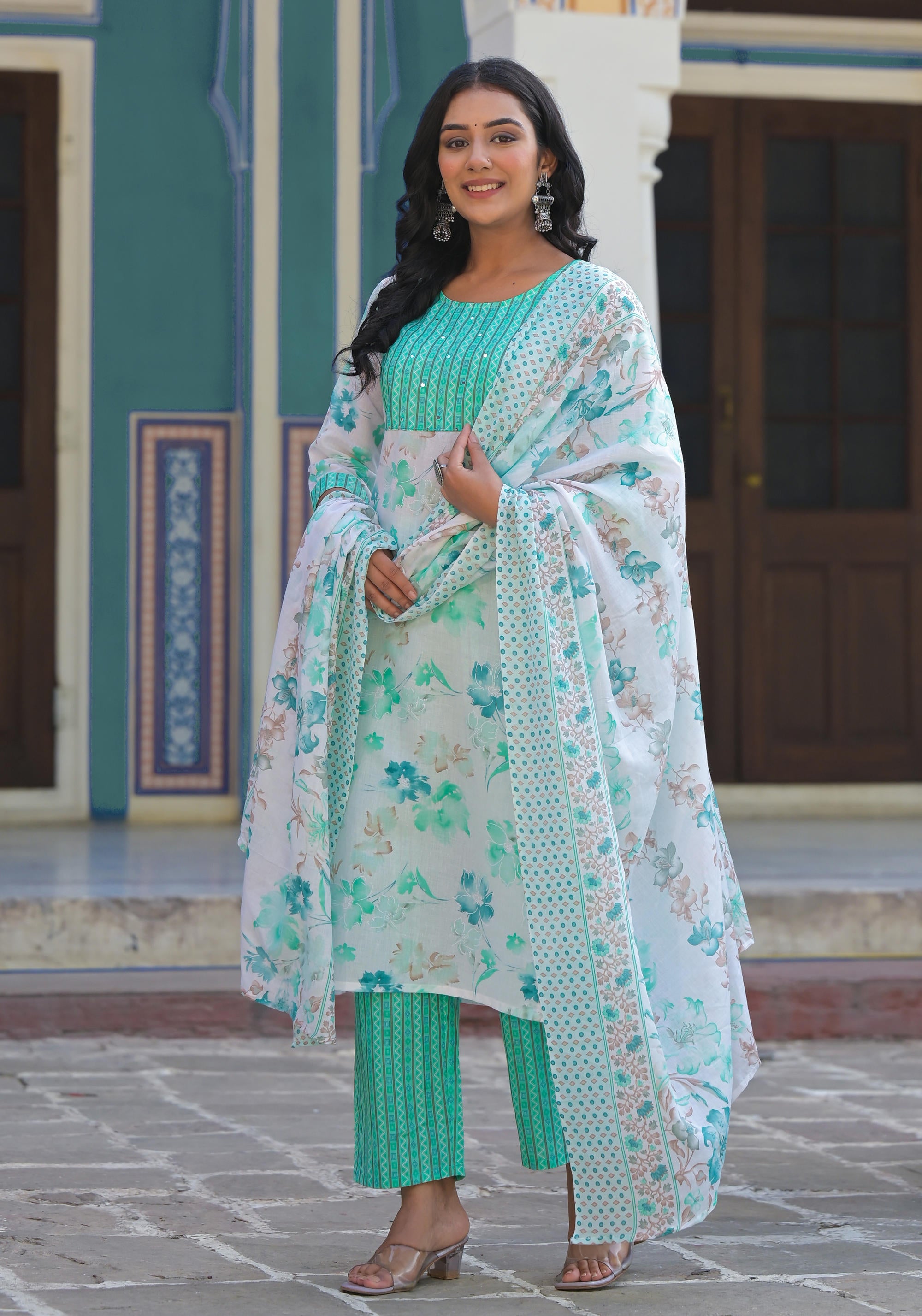 Green Floral Printed Cotton Kurta Pant With Dupatta Set With Sequins & Mirror Work