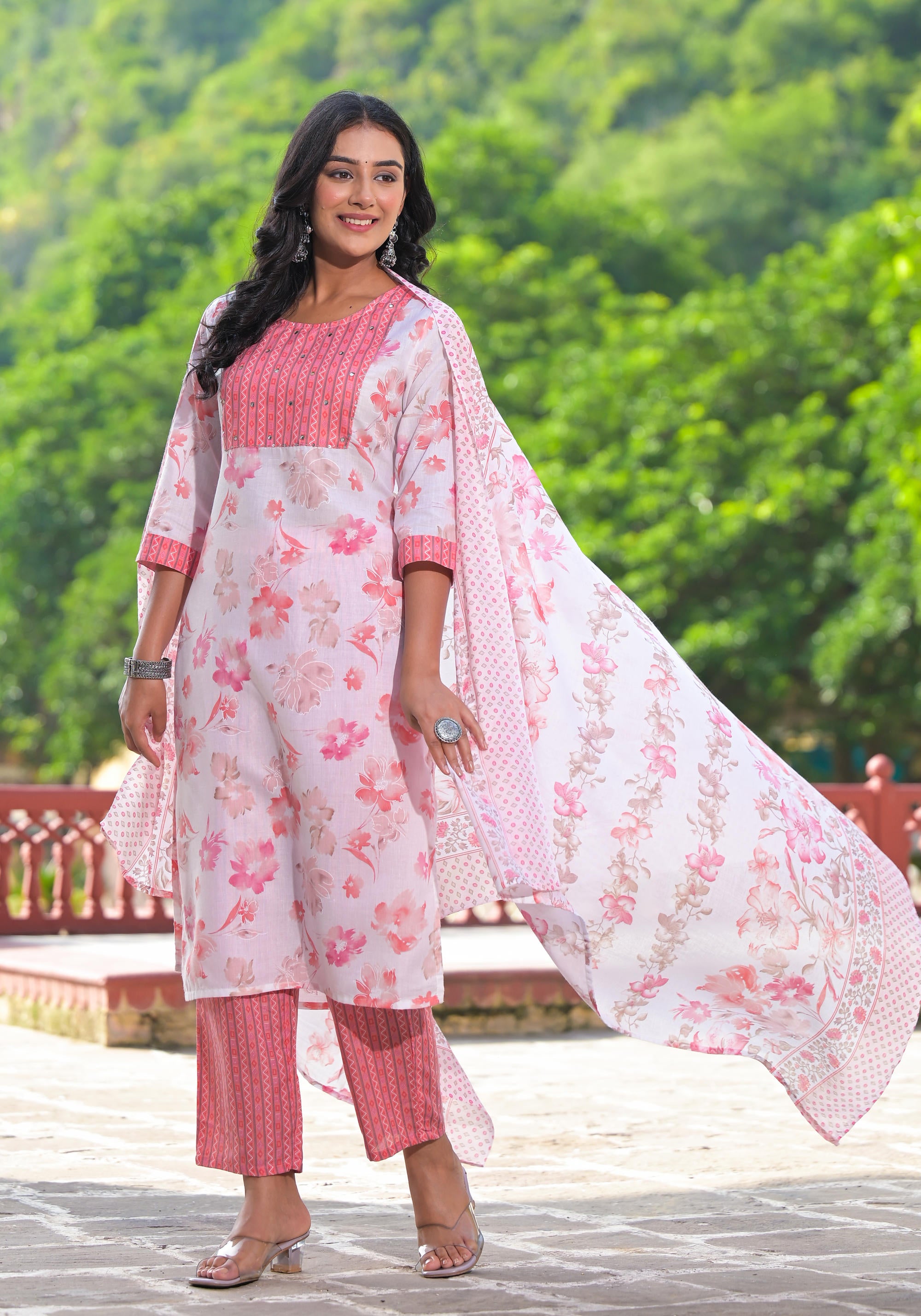 Peach Floral Printed Cotton Kurta Pant With Dupatta Set With Sequins & Mirror Work