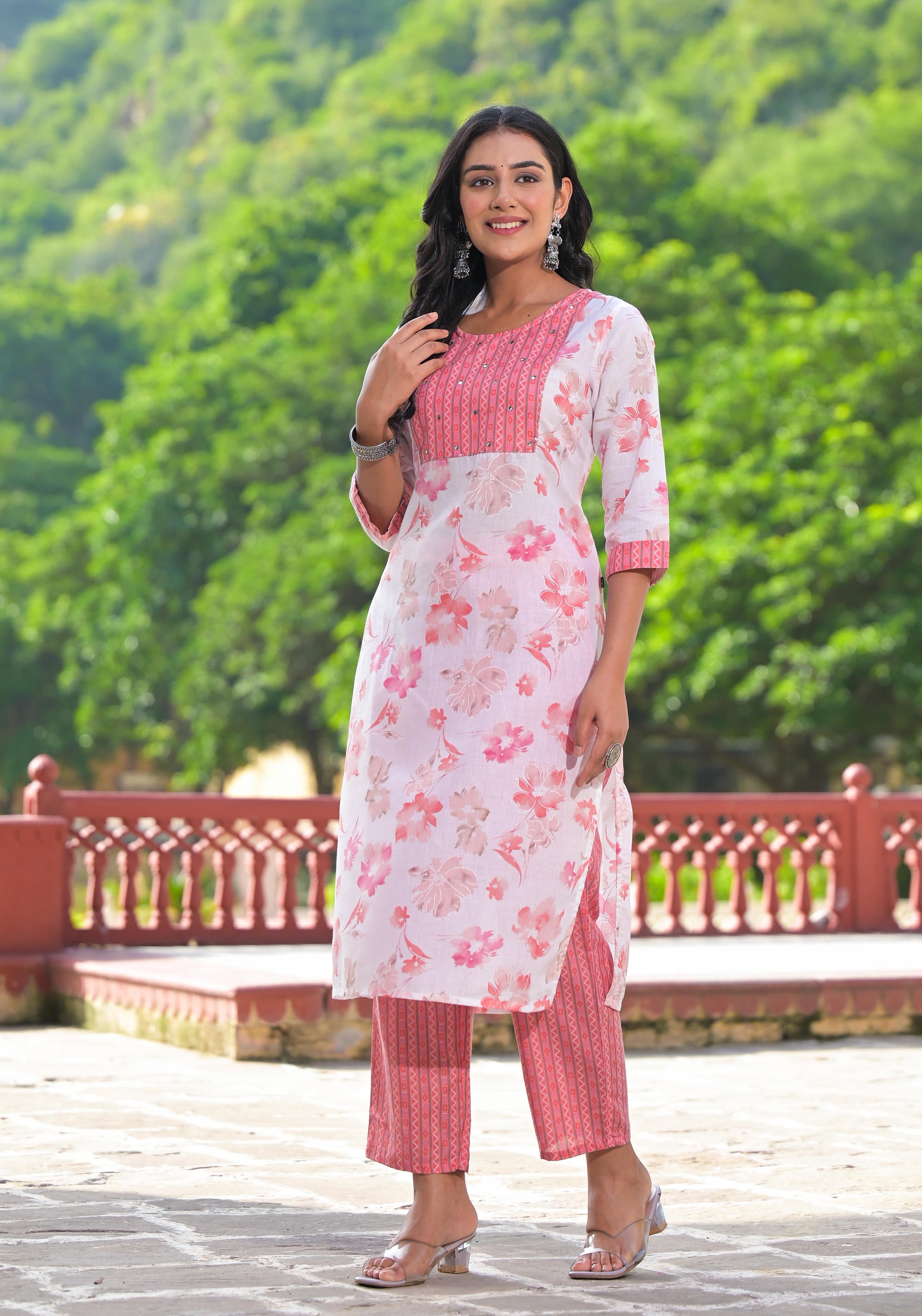 Peach Floral Printed Cotton Kurta Pant With Dupatta Set With Sequins & Mirror Work