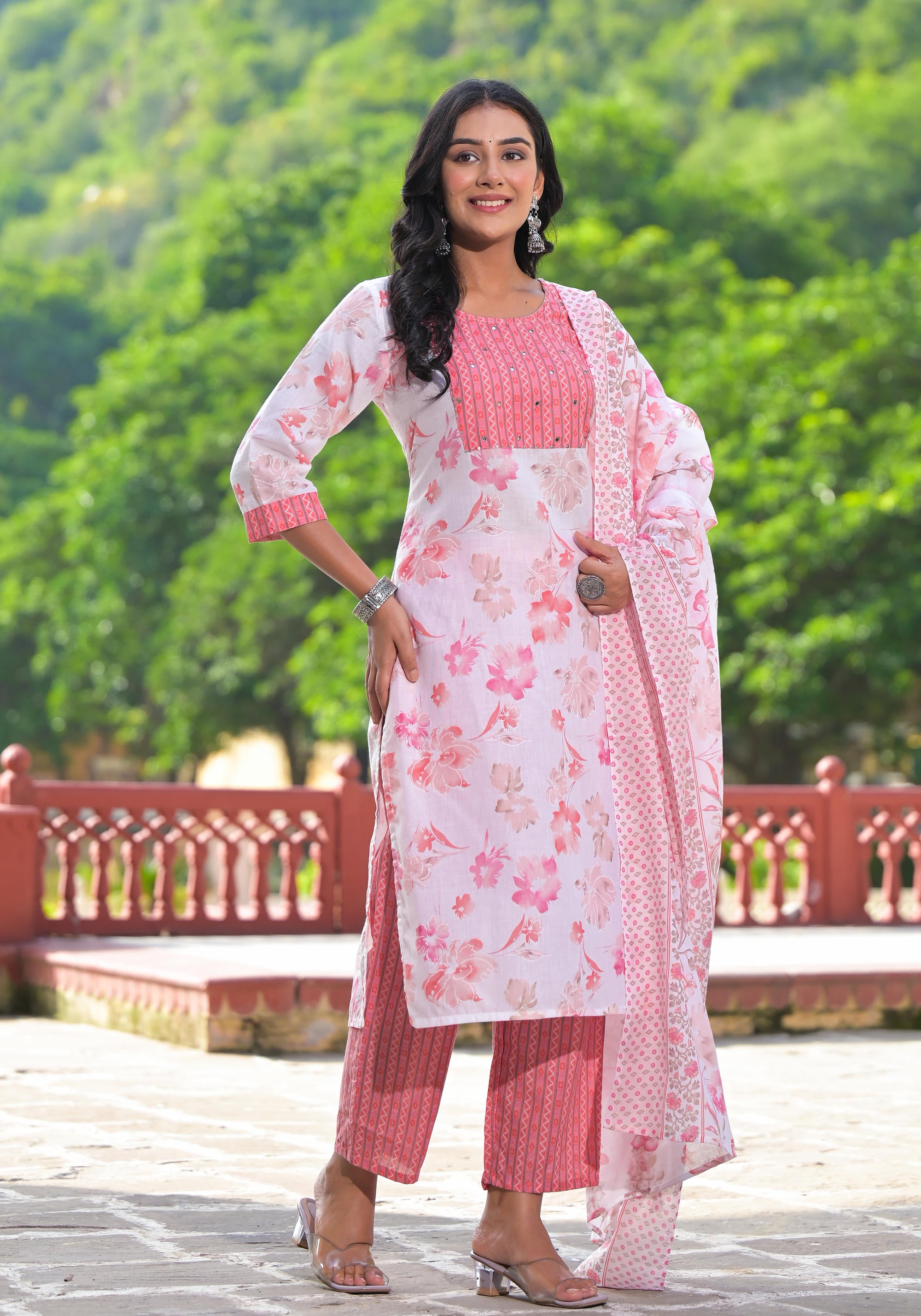 Peach Floral Printed Cotton Kurta Pant With Dupatta Set With Sequins & Mirror Work