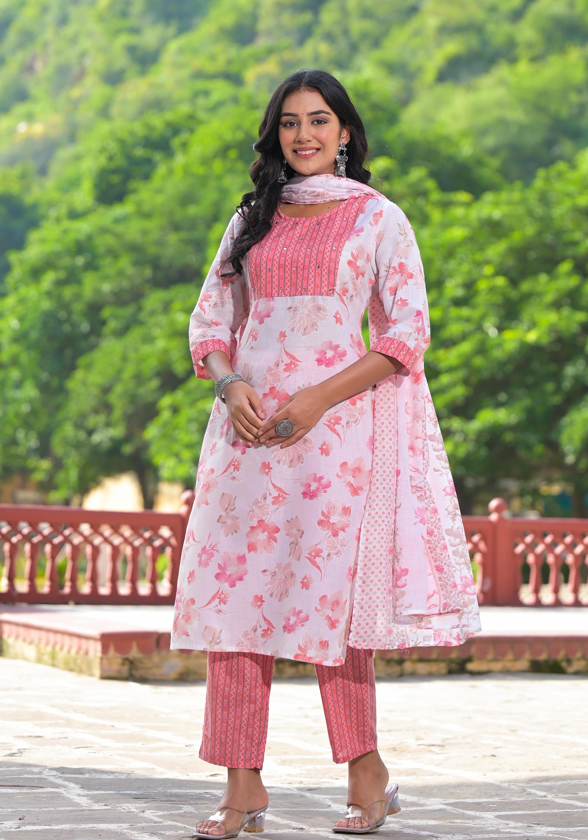 Peach Floral Printed Cotton Kurta Pant With Dupatta Set With Sequins & Mirror Work