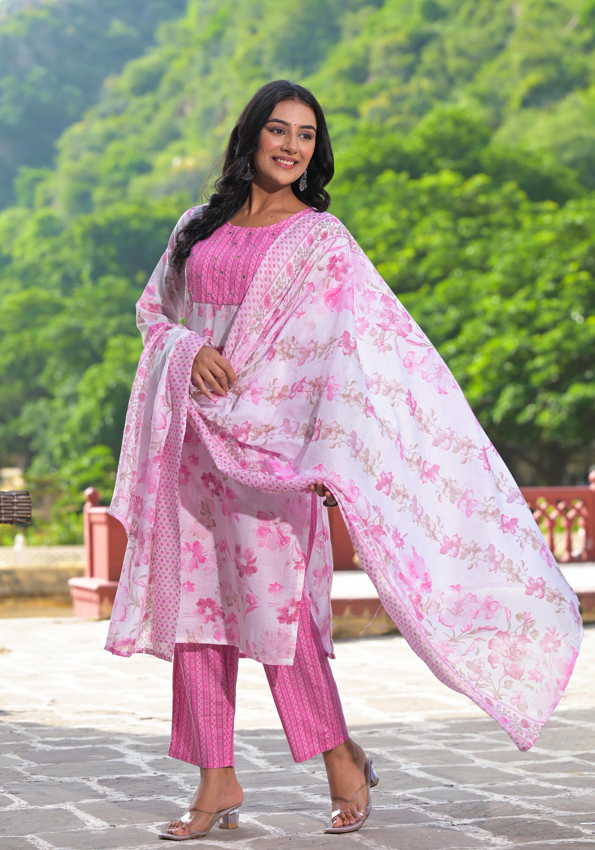 Pink Floral Printed Cotton Kurta Pant With Dupatta Set With Sequins & Mirror Work