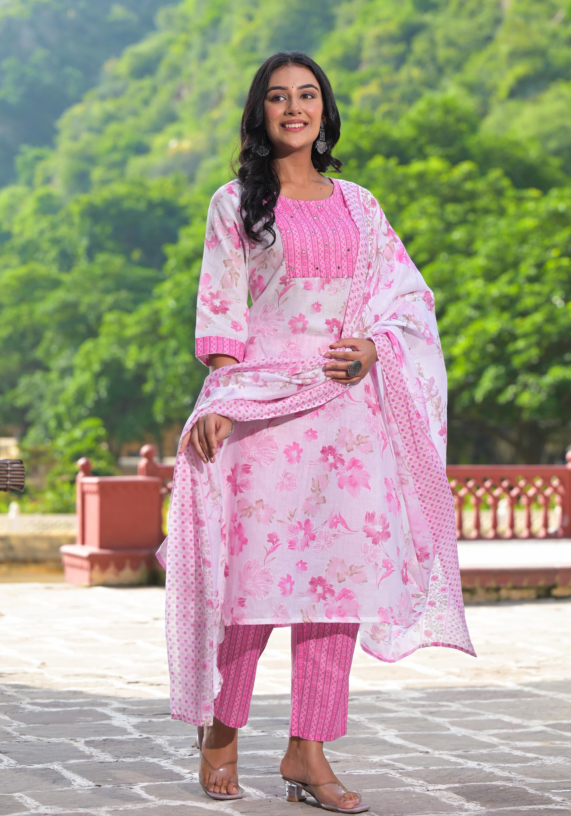 Pink Floral Printed Cotton Kurta Pant With Dupatta Set With Sequins & Mirror Work