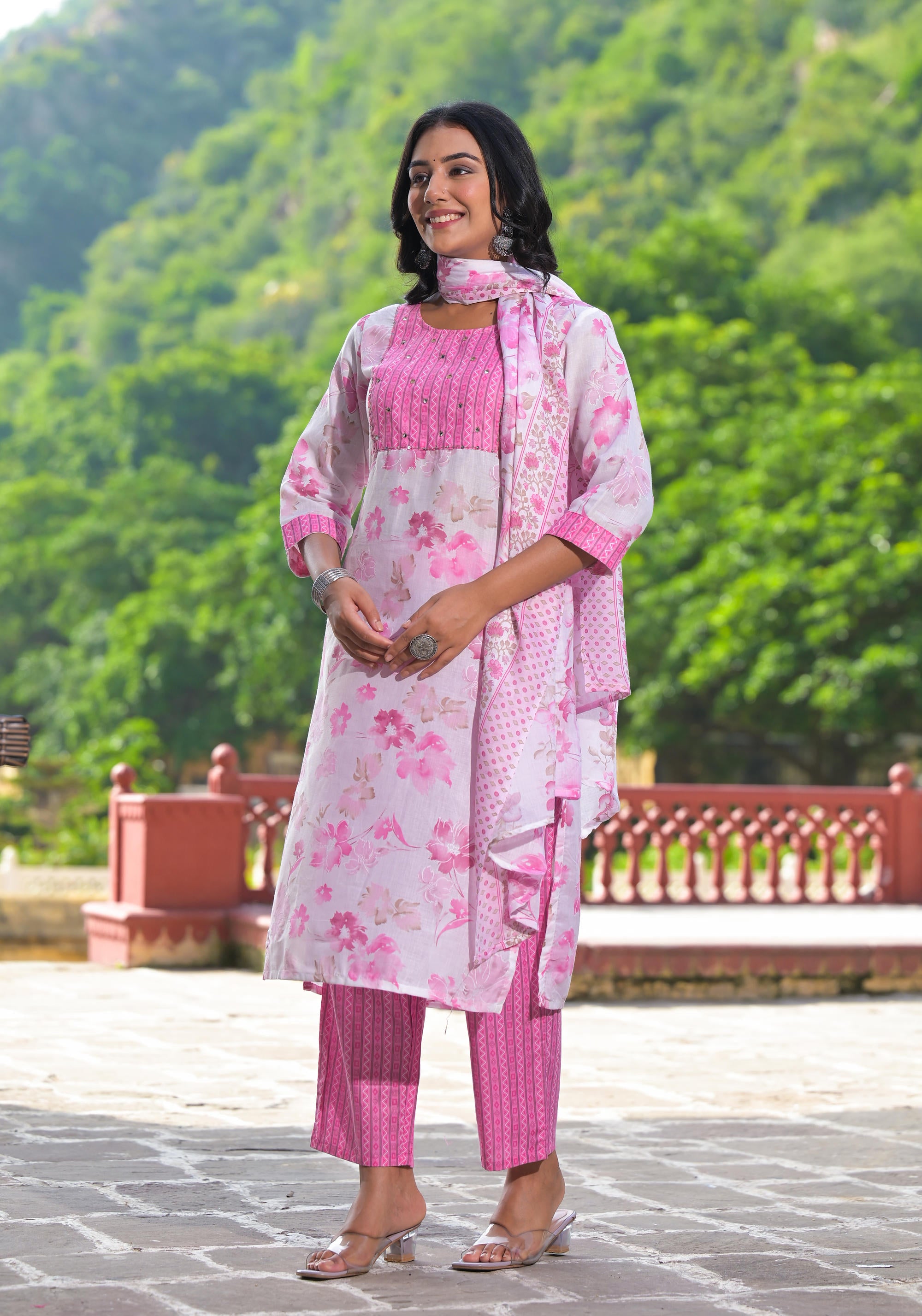 Pink Floral Printed Cotton Kurta Pant With Dupatta Set With Sequins & Mirror Work