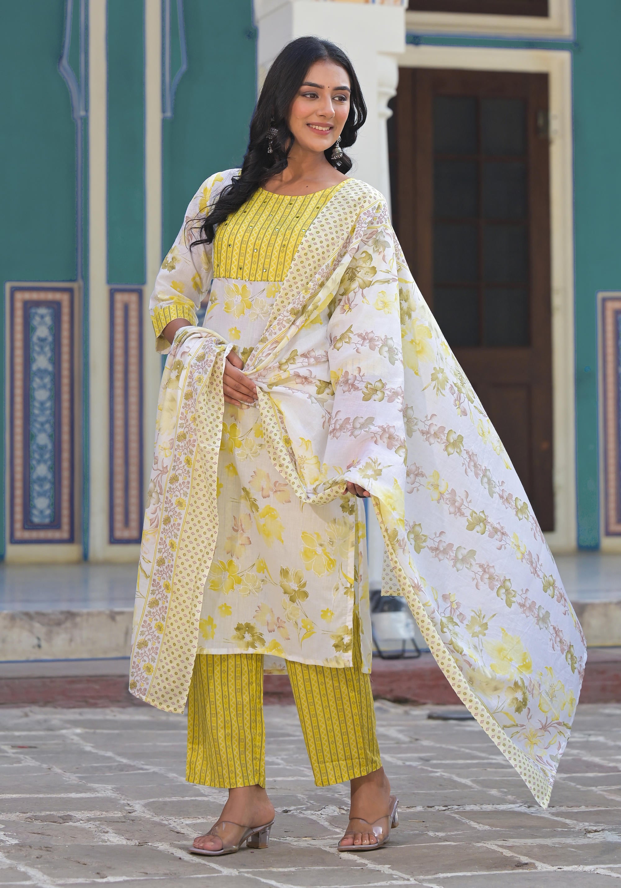 Yellow Floral Printed Cotton Kurta Pant With Dupatta Set With Sequins & Mirror Work