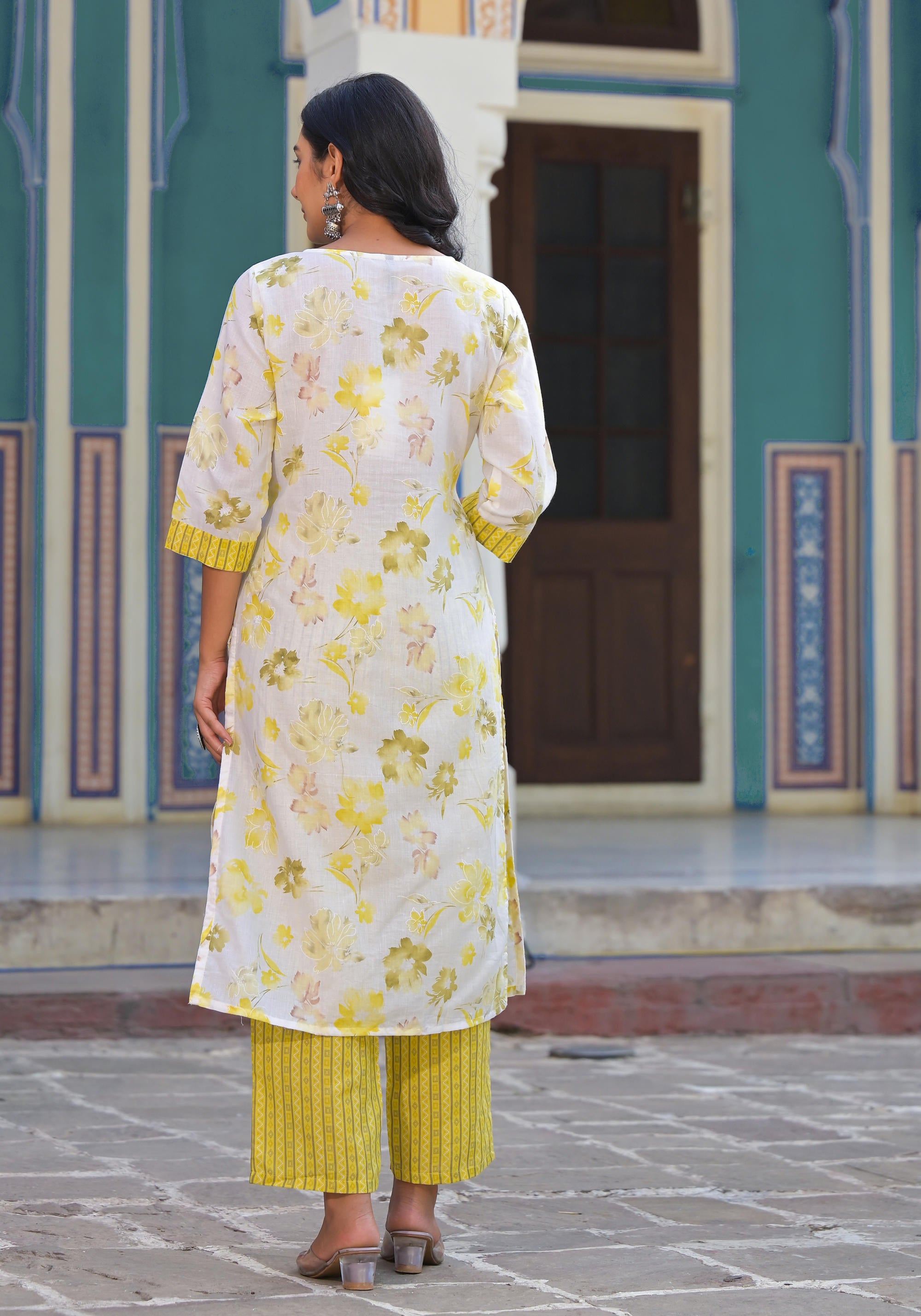 Yellow Floral Printed Cotton Kurta Pant With Dupatta Set With Sequins & Mirror Work