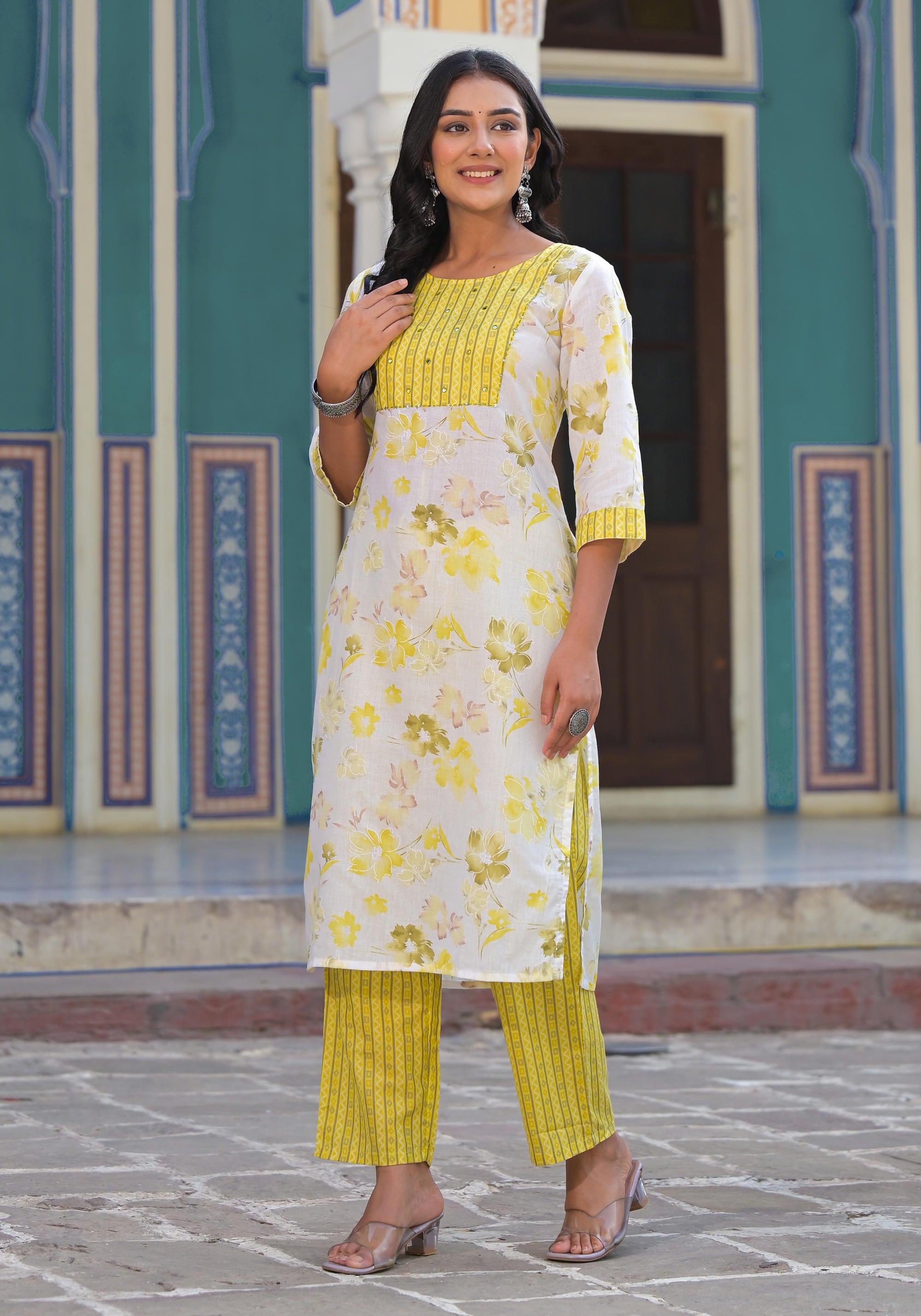 Yellow Floral Printed Cotton Kurta Pant With Dupatta Set With Sequins & Mirror Work