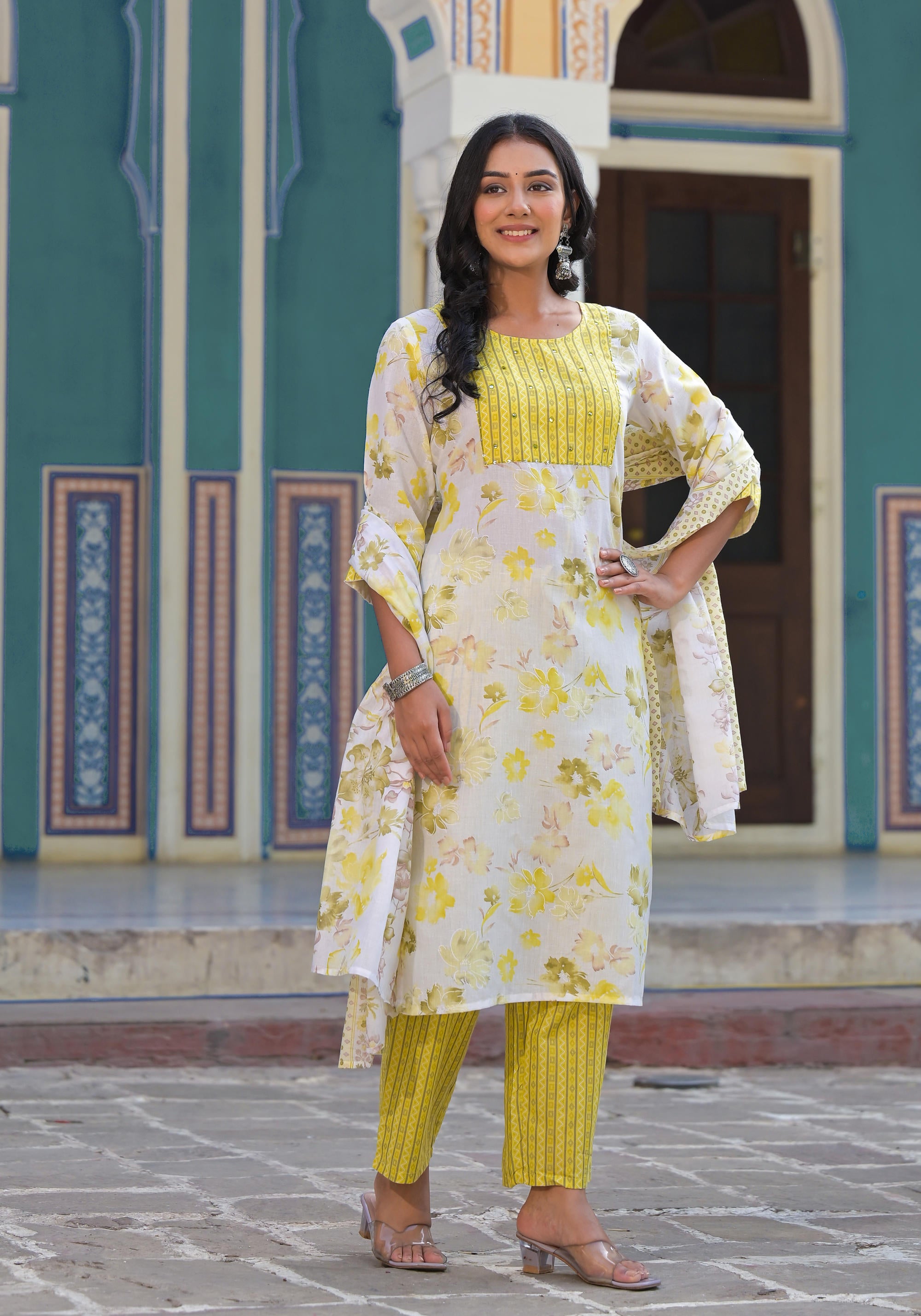 Yellow Floral Printed Cotton Kurta Pant With Dupatta Set With Sequins & Mirror Work