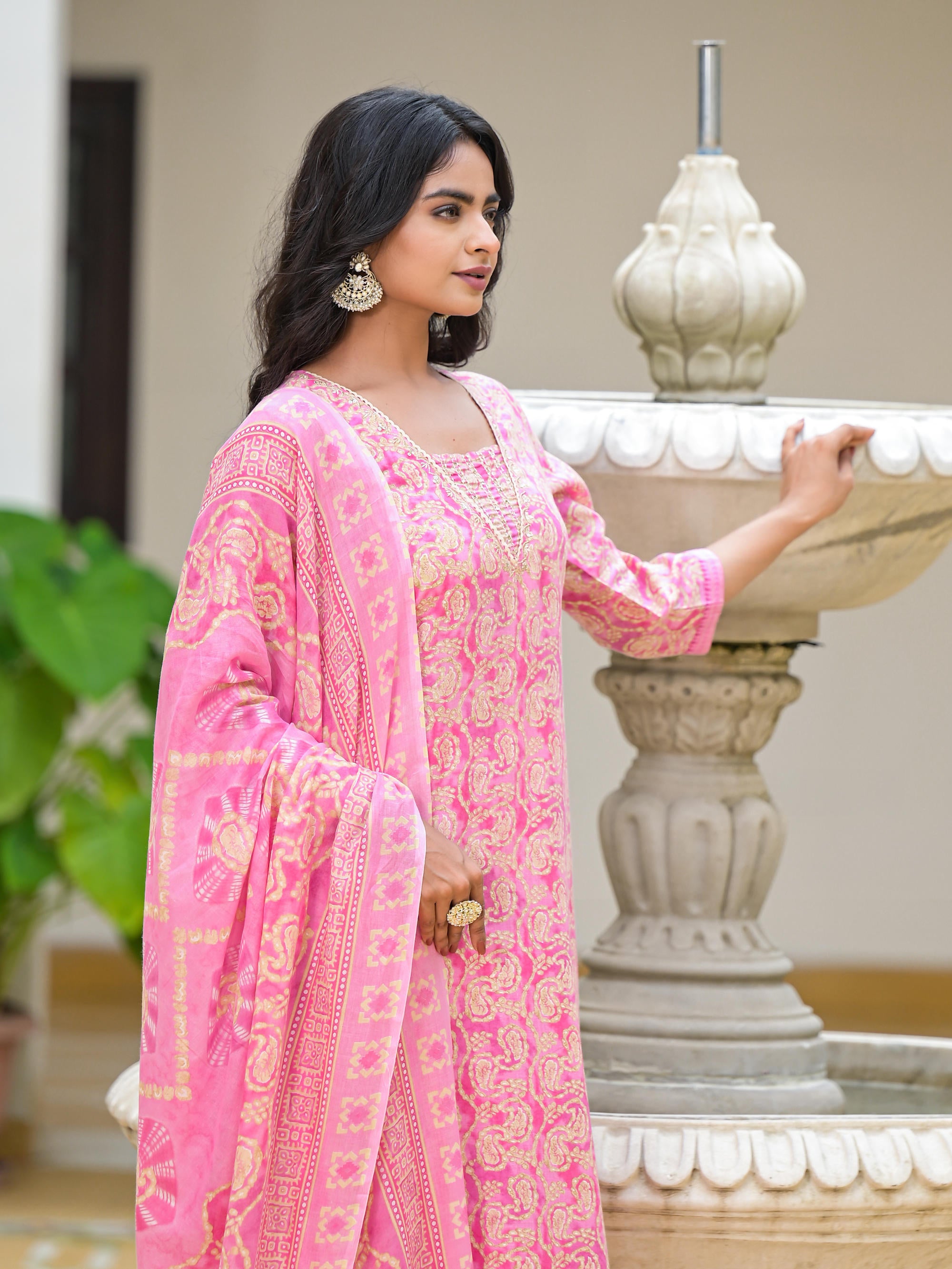 Pink Ethnic Motif Printed Cotton Kurta Pant With Dupatta Set With Sequins & Lace