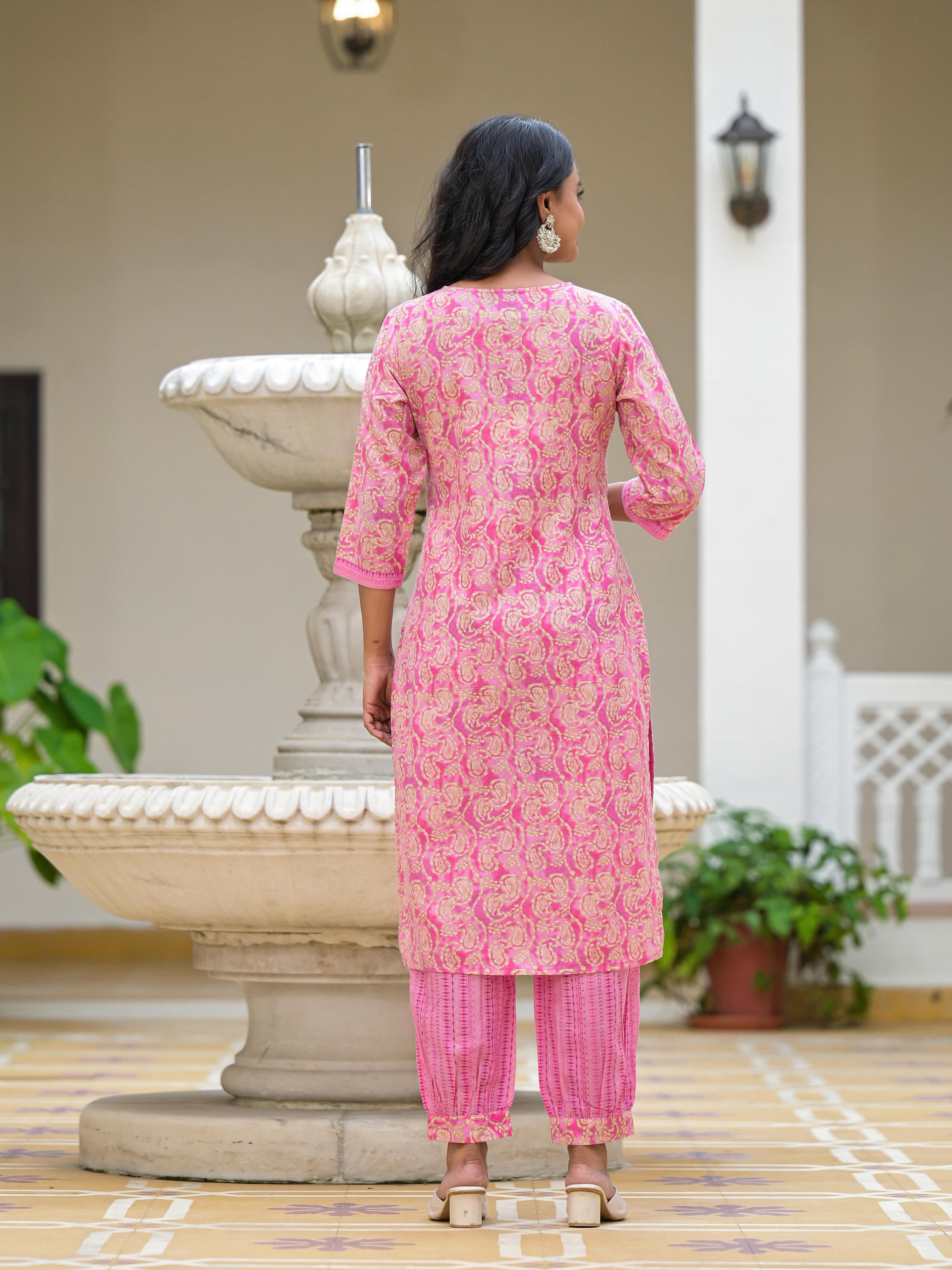 Pink Ethnic Motif Printed Cotton Kurta Pant With Dupatta Set With Sequins & Lace