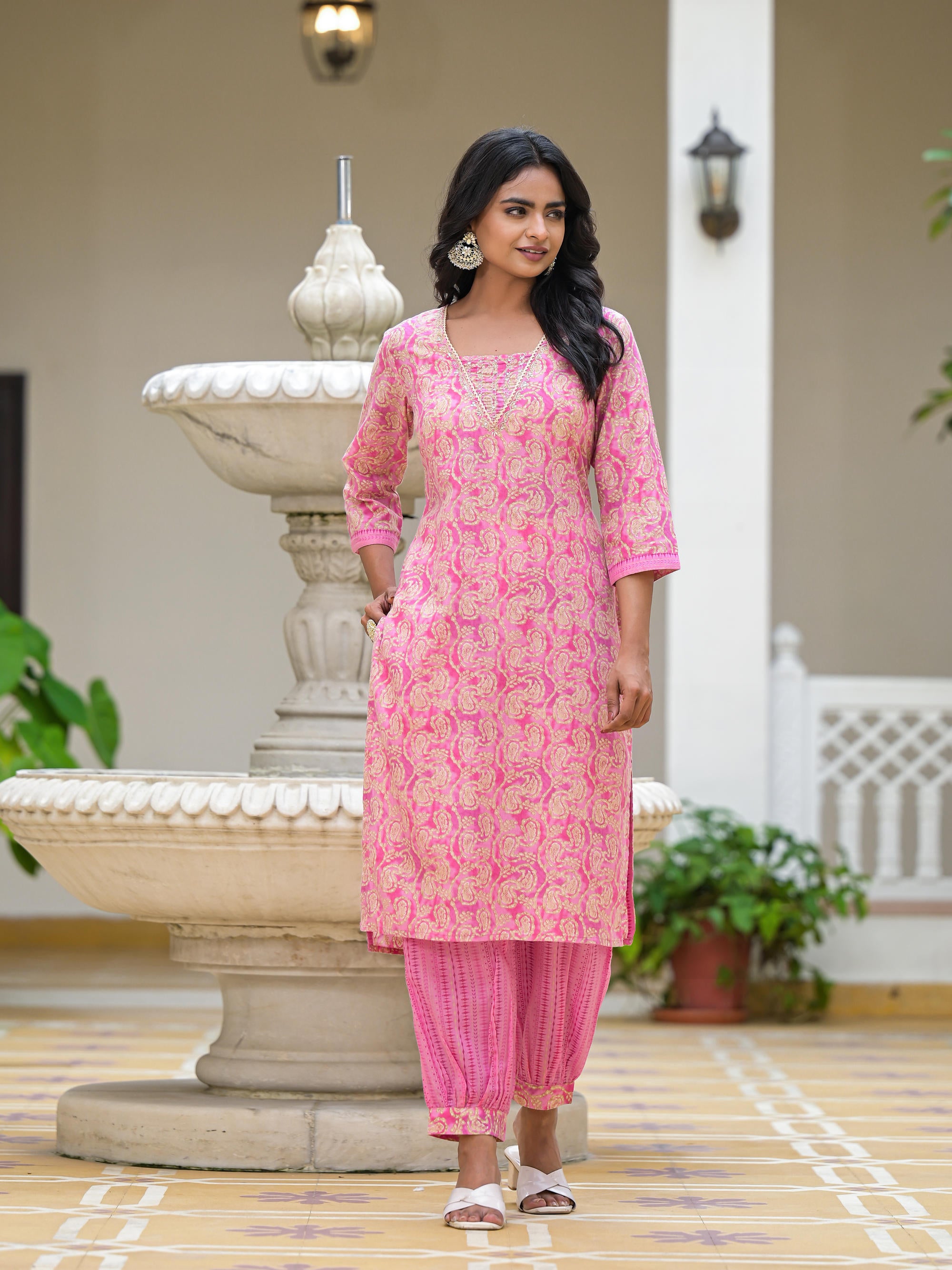 Pink Ethnic Motif Printed Cotton Kurta Pant With Dupatta Set With Sequins & Lace