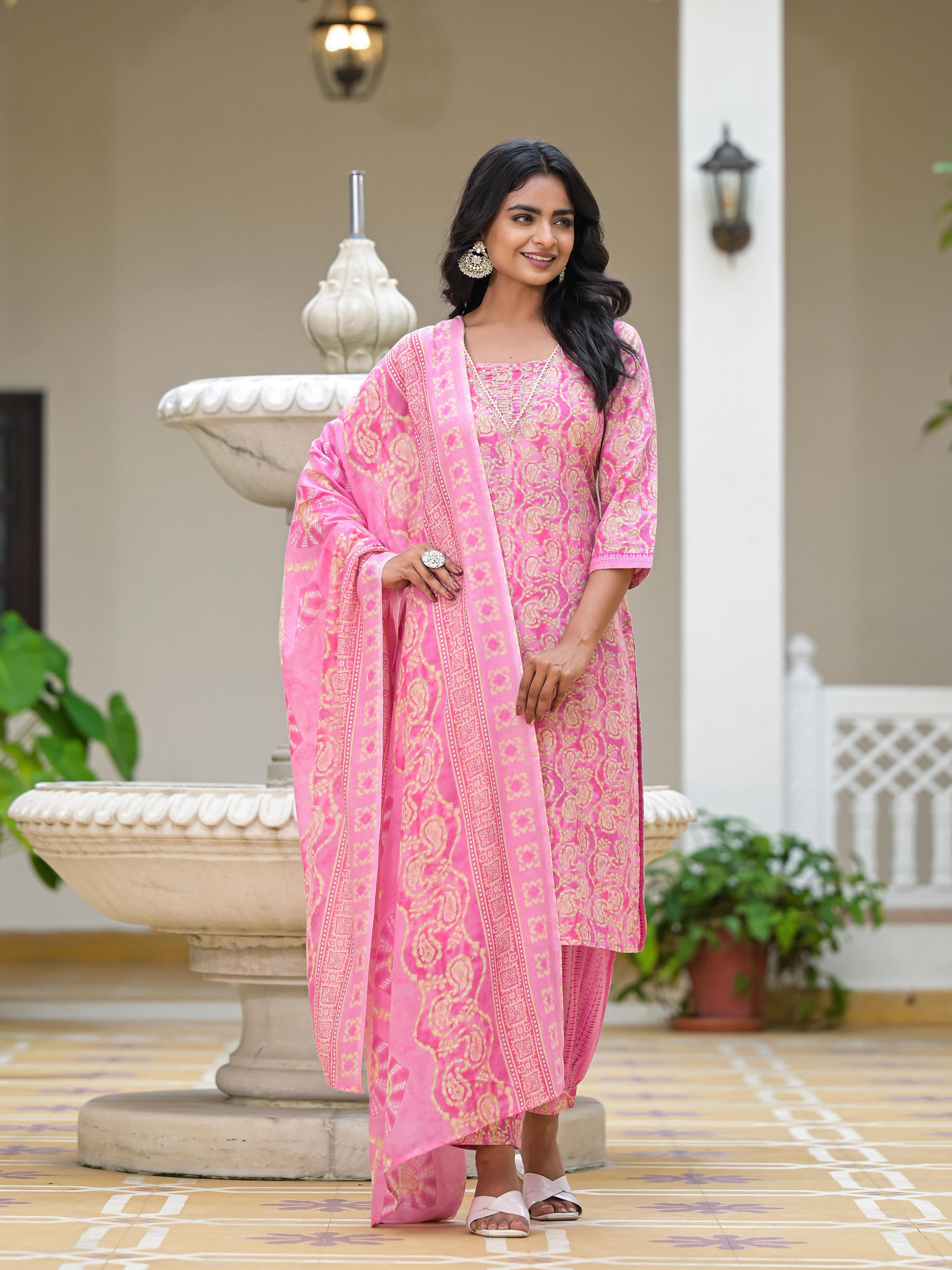 Pink Ethnic Motif Printed Cotton Kurta Pant With Dupatta Set With Sequins & Lace